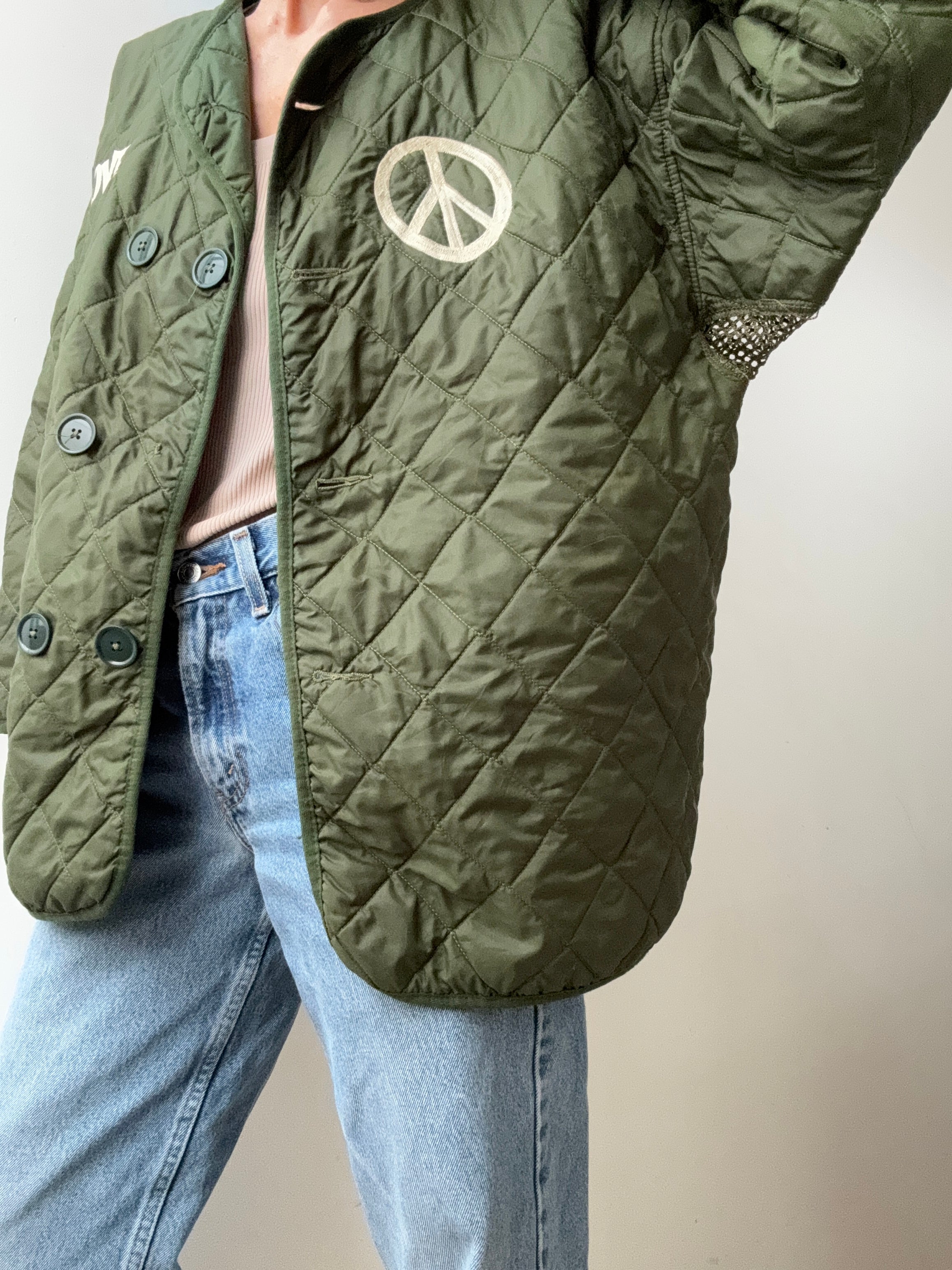 Future Nomads Jackets Medium-Large Love Peace Quilted Embroidered Jacket Green