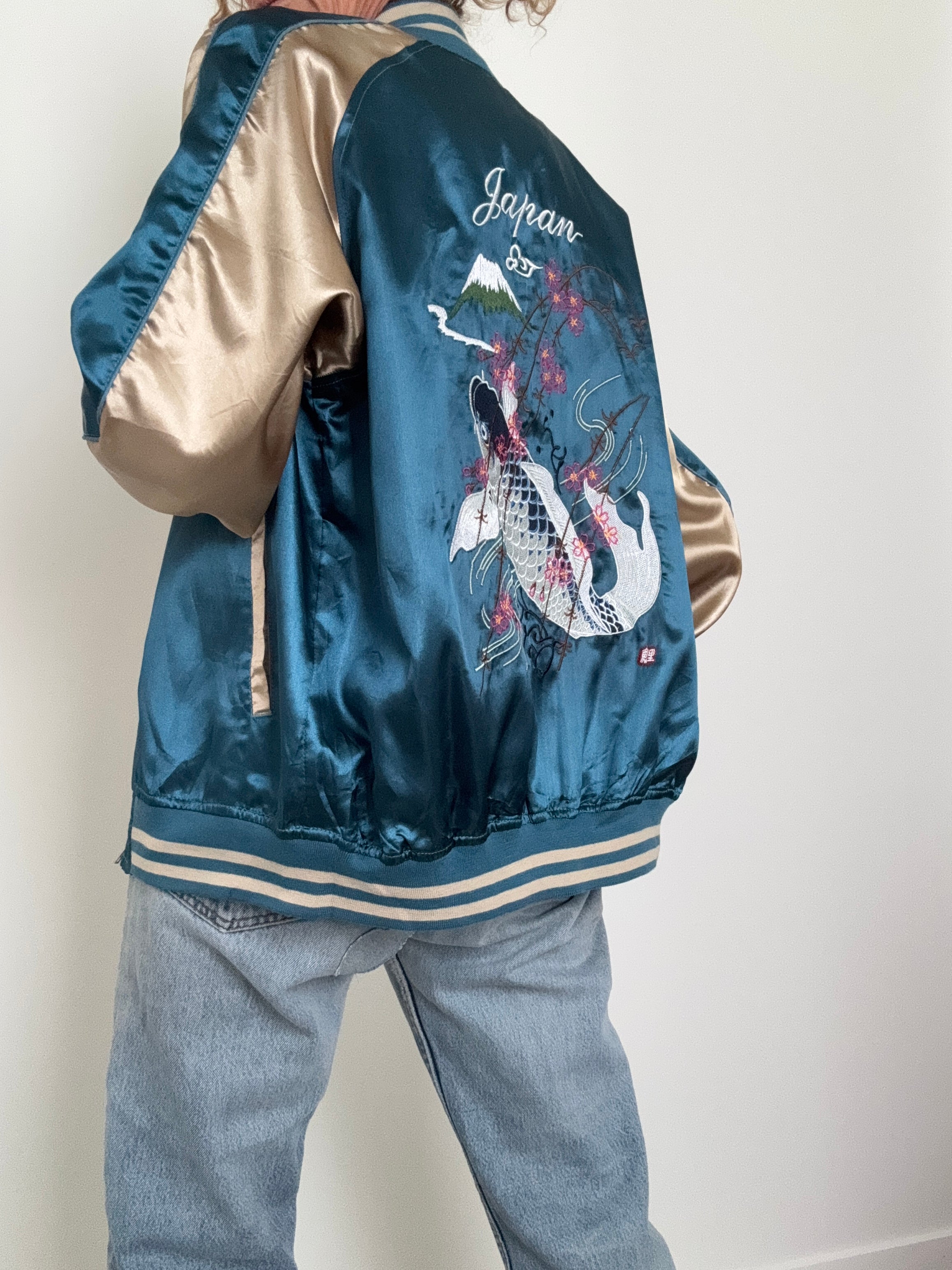 Future Nomads Jackets Medium-Large Satin Bomber Jacket Fish