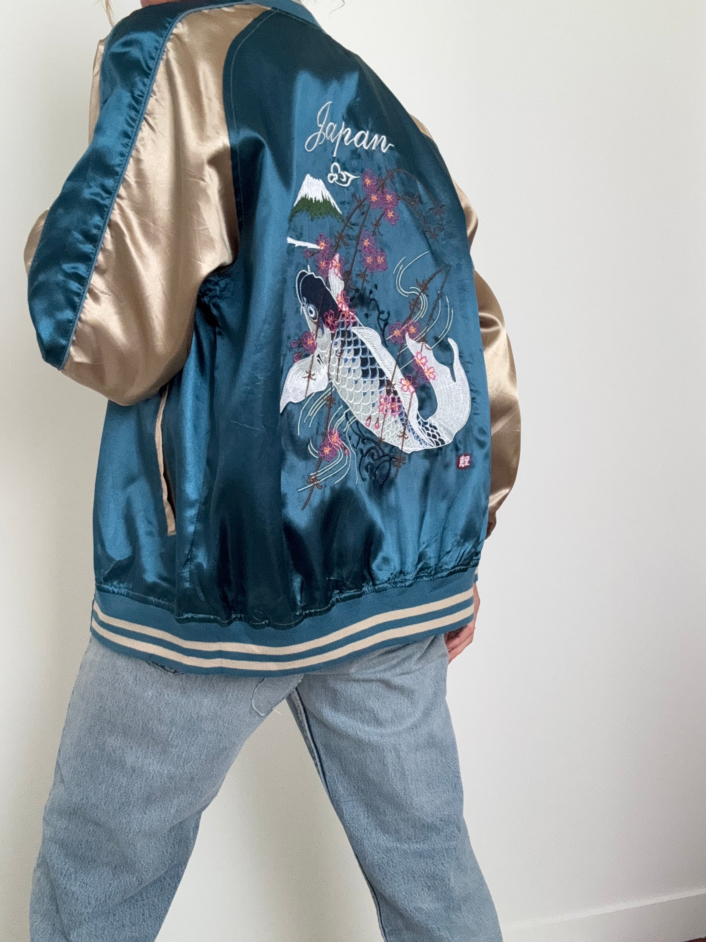 Future Nomads Jackets Medium-Large Satin Bomber Jacket Fish