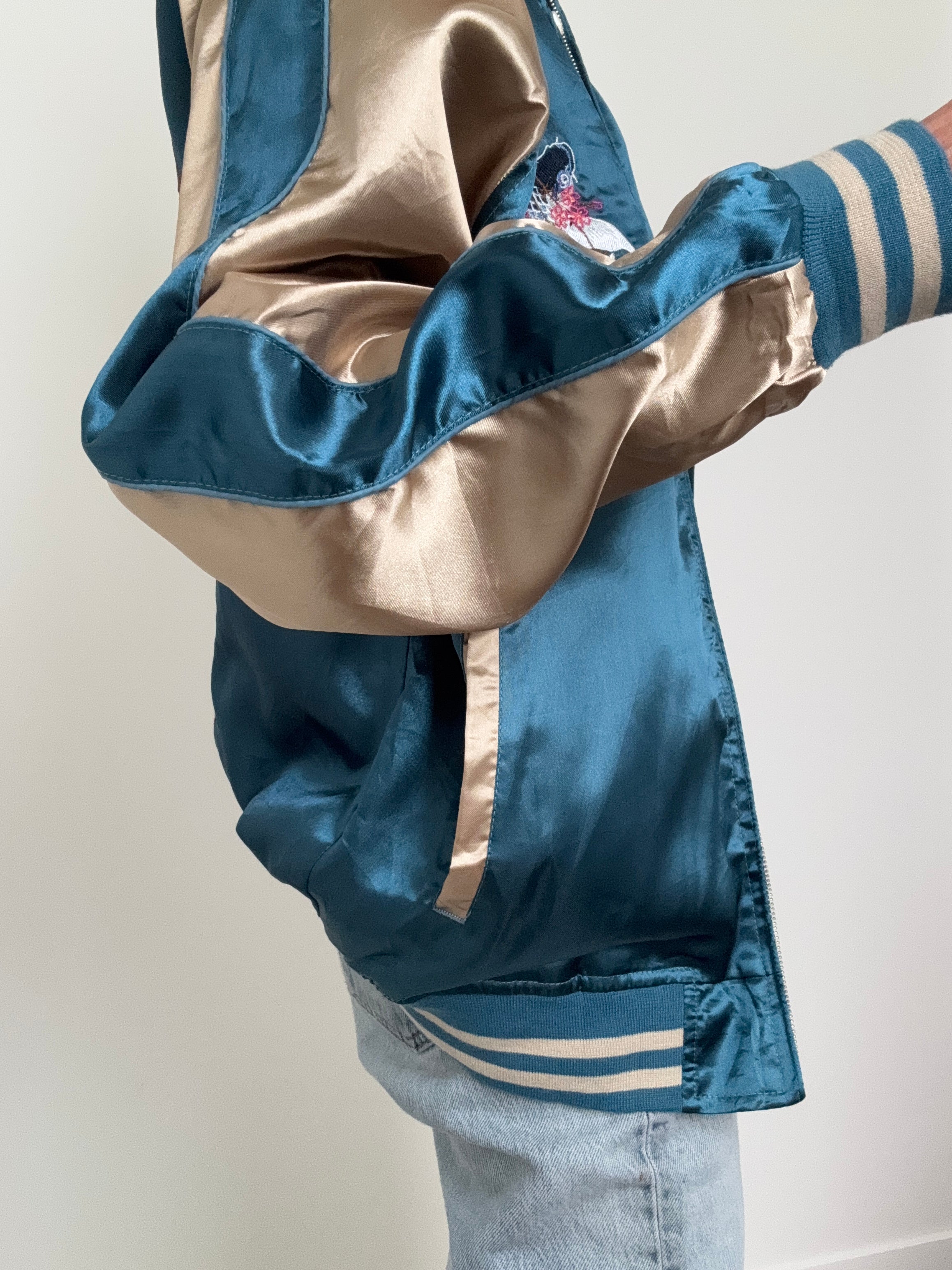 Future Nomads Jackets Medium-Large Satin Bomber Jacket Fish
