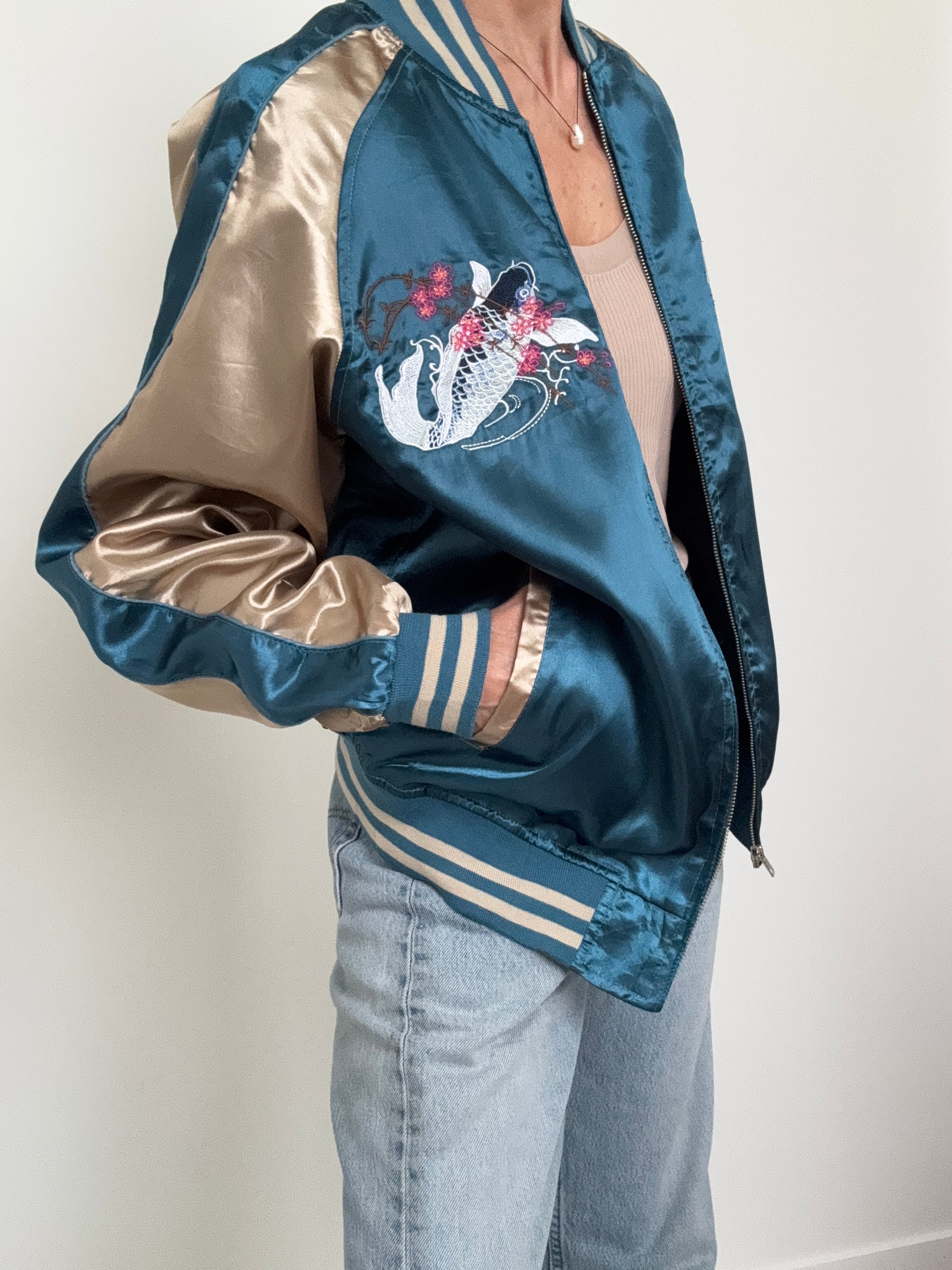 Future Nomads Jackets Medium-Large Satin Bomber Jacket Fish