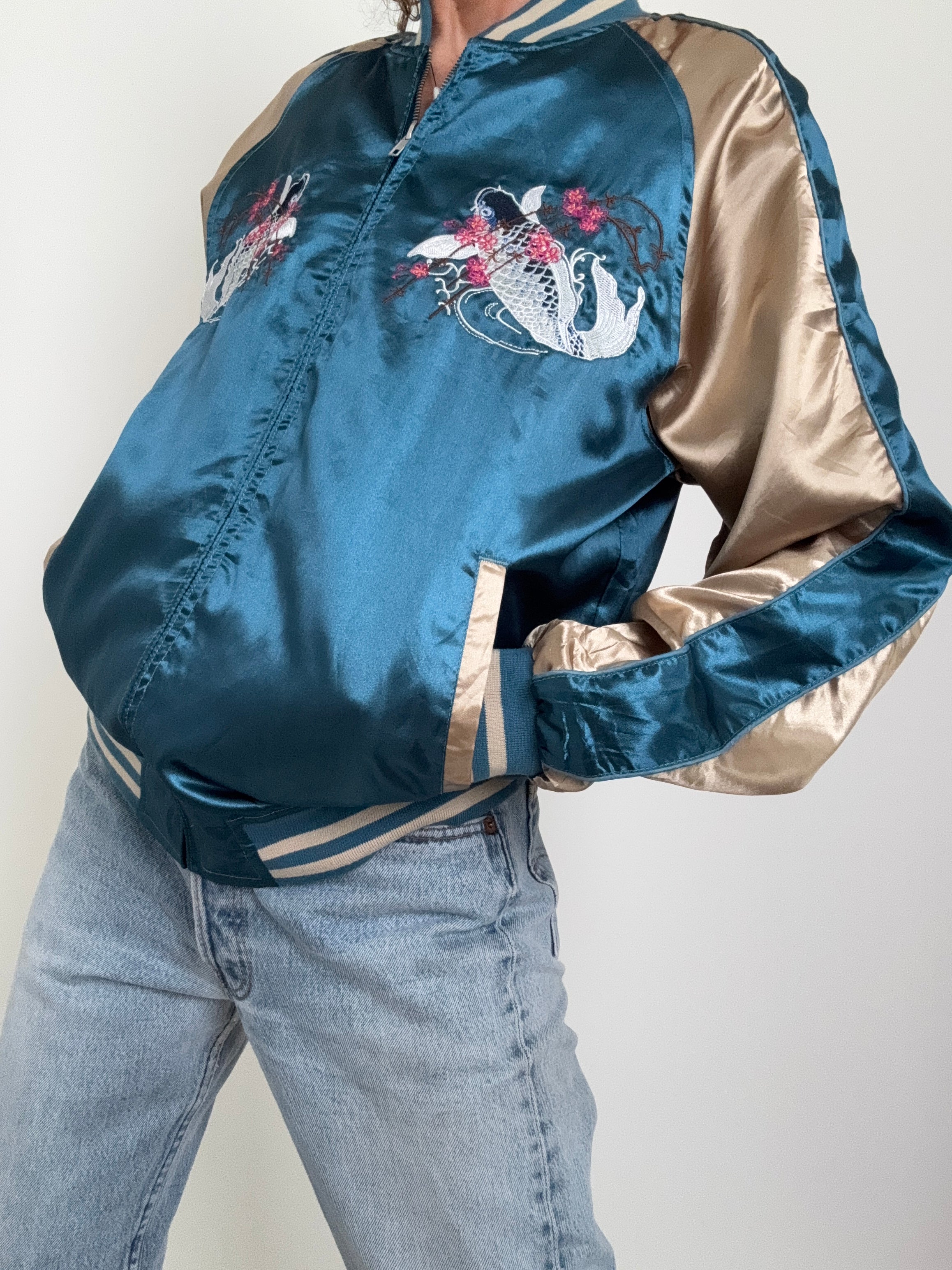 Future Nomads Jackets Medium-Large Satin Bomber Jacket Fish