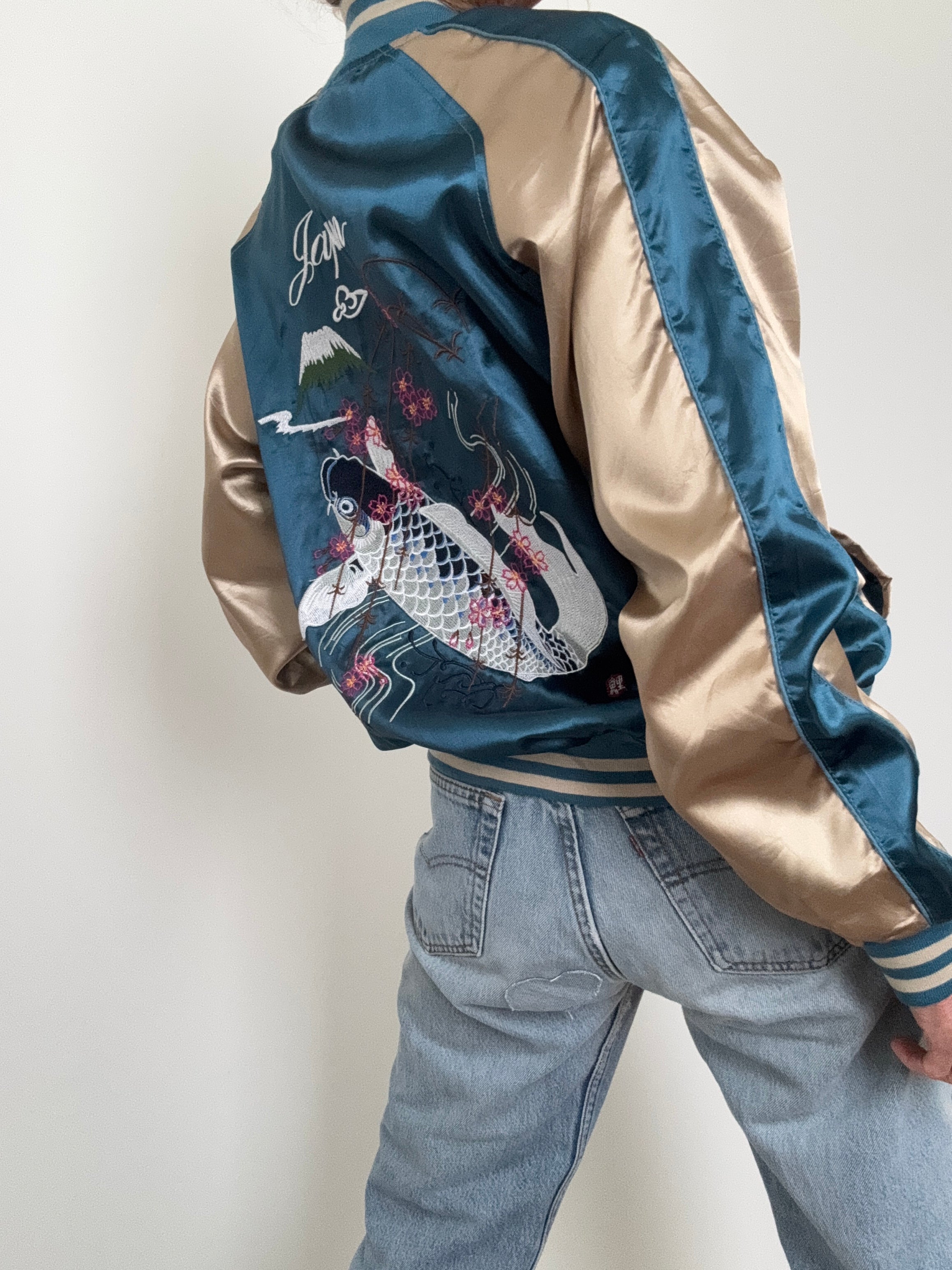 Future Nomads Jackets Medium-Large Satin Bomber Jacket Fish