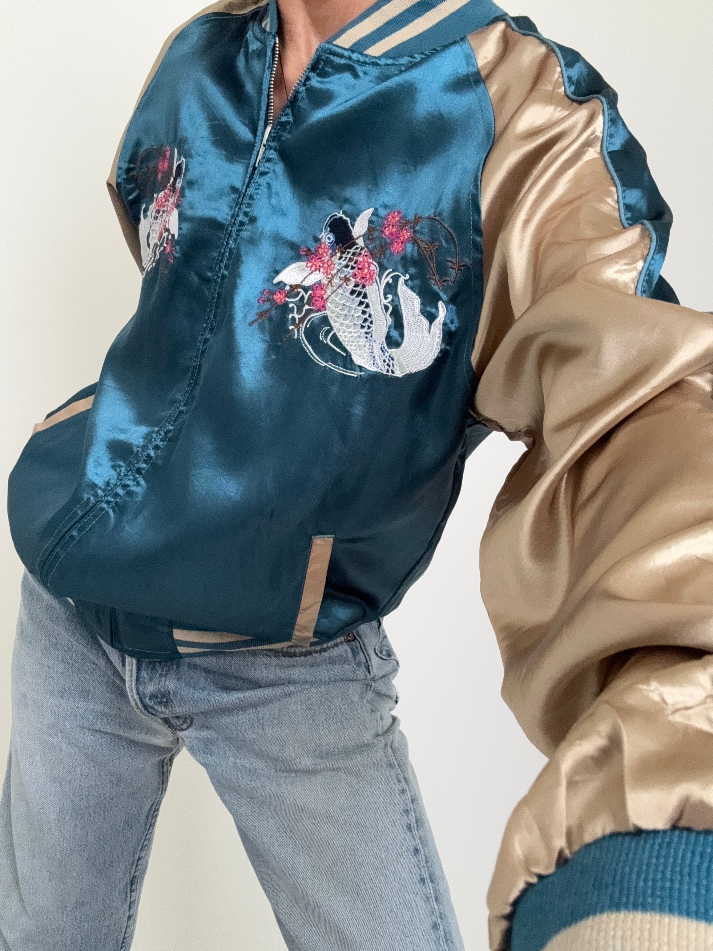 Future Nomads Jackets Medium-Large Satin Bomber Jacket Fish