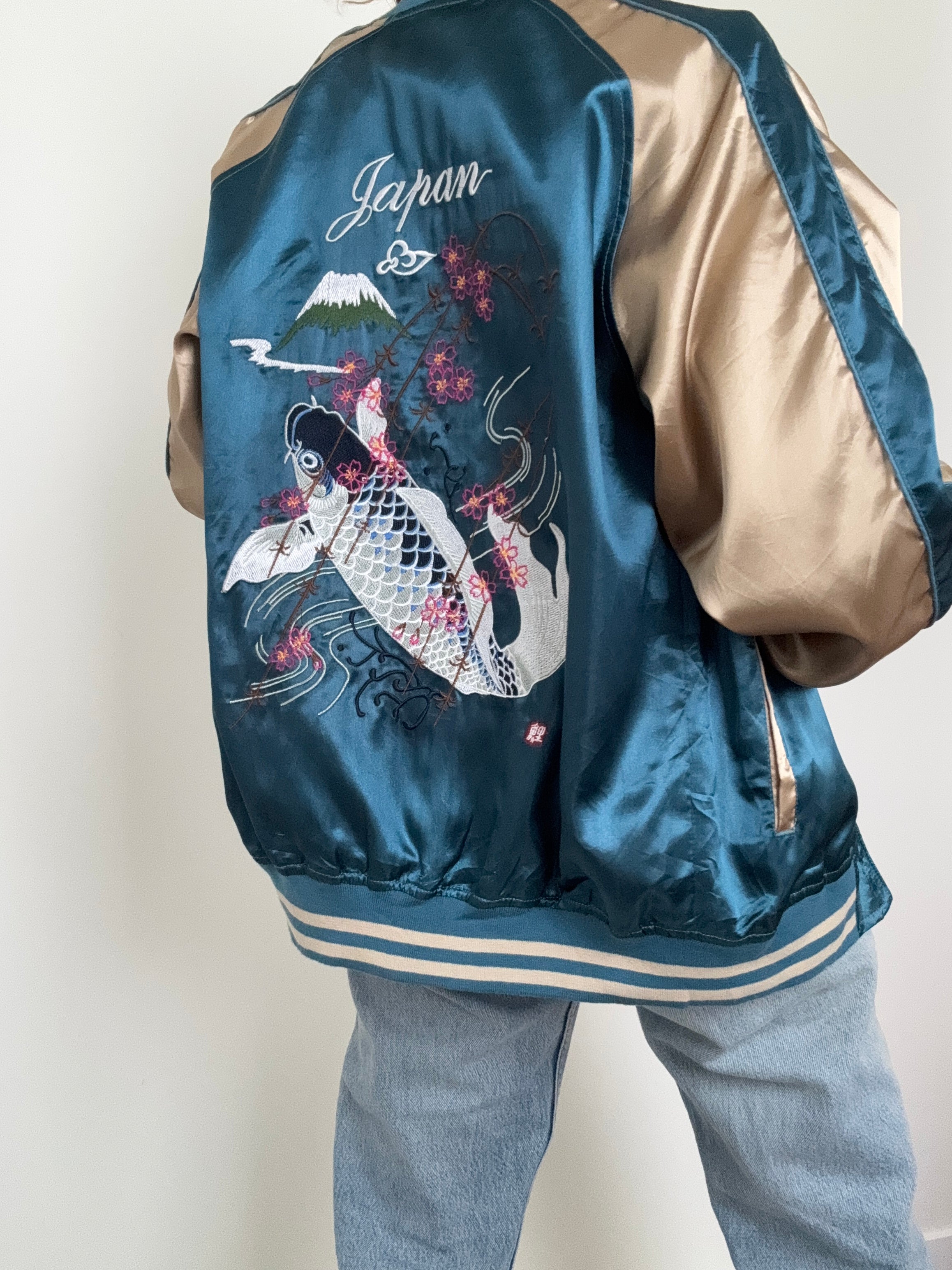 Future Nomads Jackets Medium-Large Satin Bomber Jacket Fish