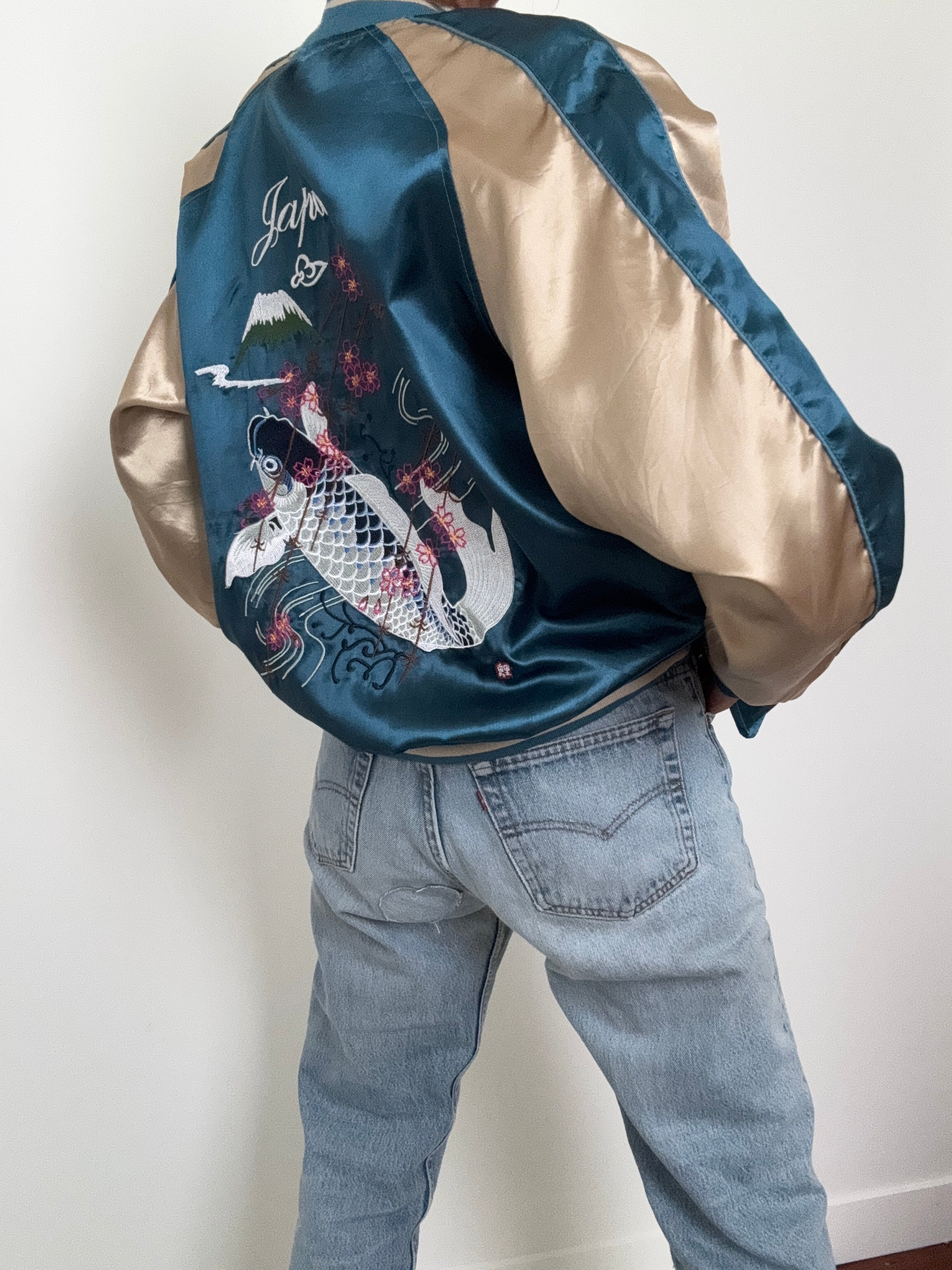 Future Nomads Jackets Medium-Large Satin Bomber Jacket Fish