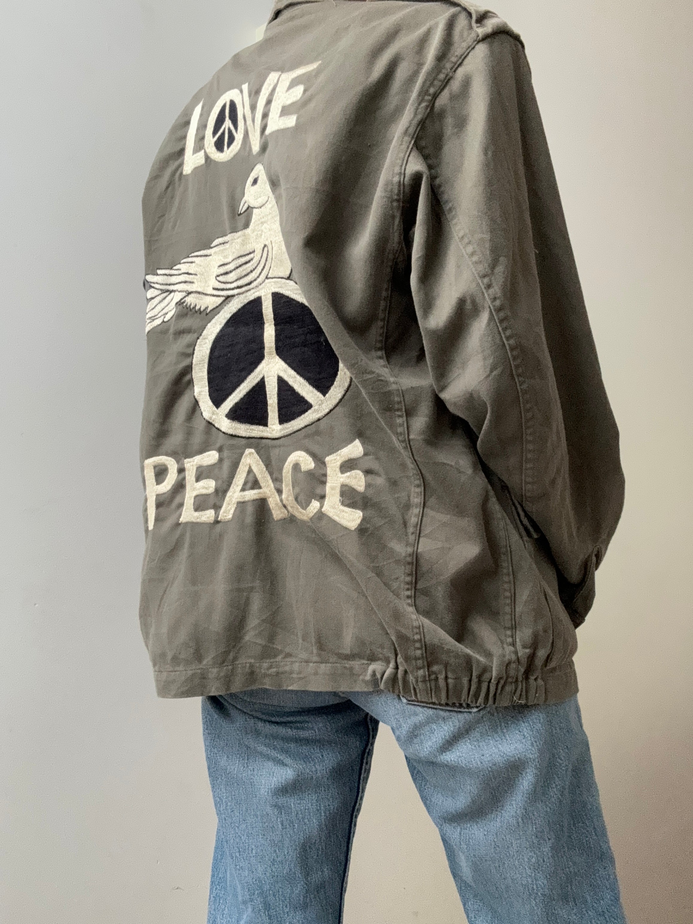 Future Nomads Jackets Medium Love Peace Army Jacket Zipper Front AW242