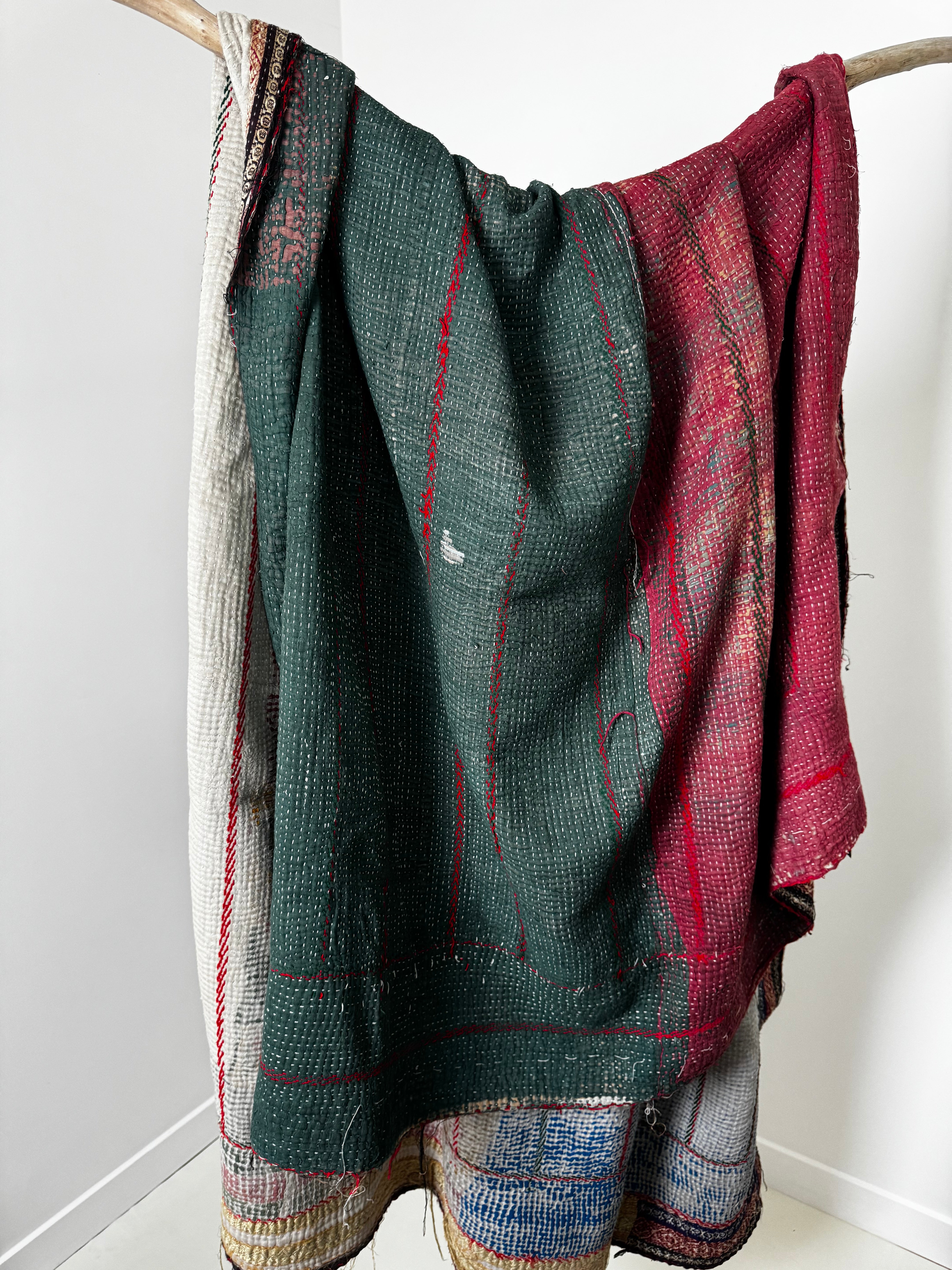 Future Nomads Quilts Multi Kantha Quilt Green Burgandy