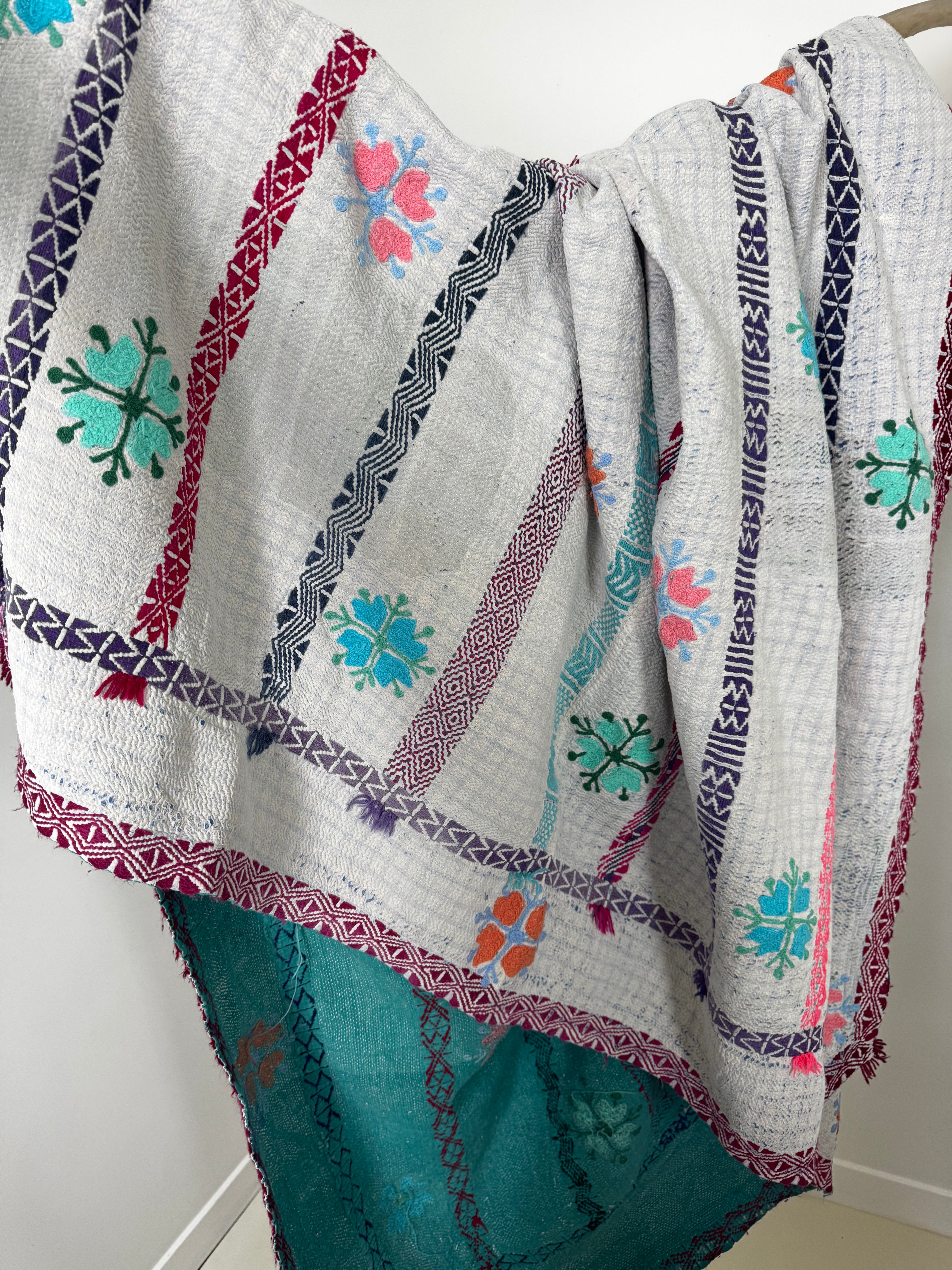 Future Nomads Quilts Multi Kantha Quilt Green White Floral