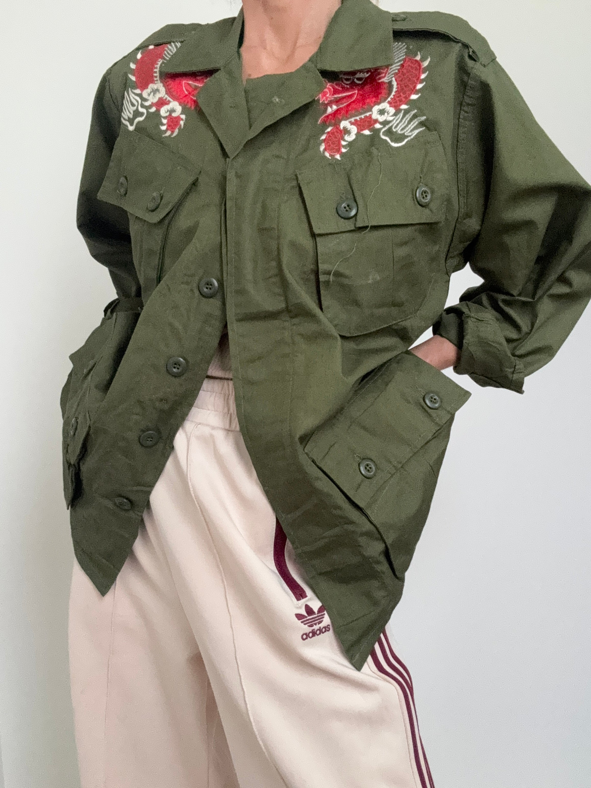 Future Nomads Shirts Large Upcycled Army Jacket Dragon Japan
