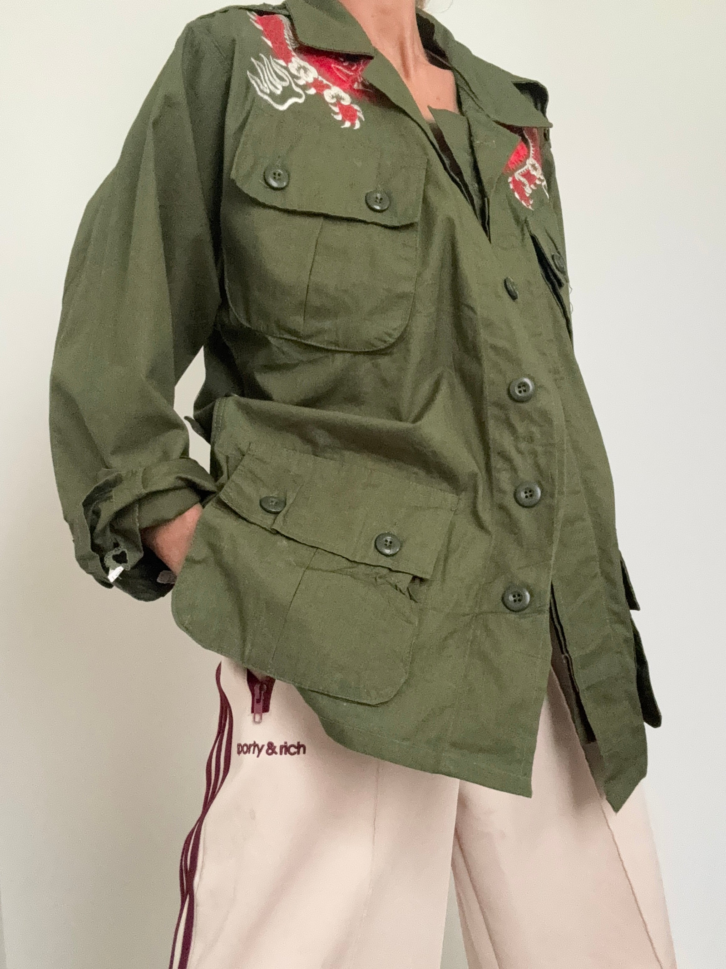 Future Nomads Shirts Large Upcycled Army Jacket Dragon Japan