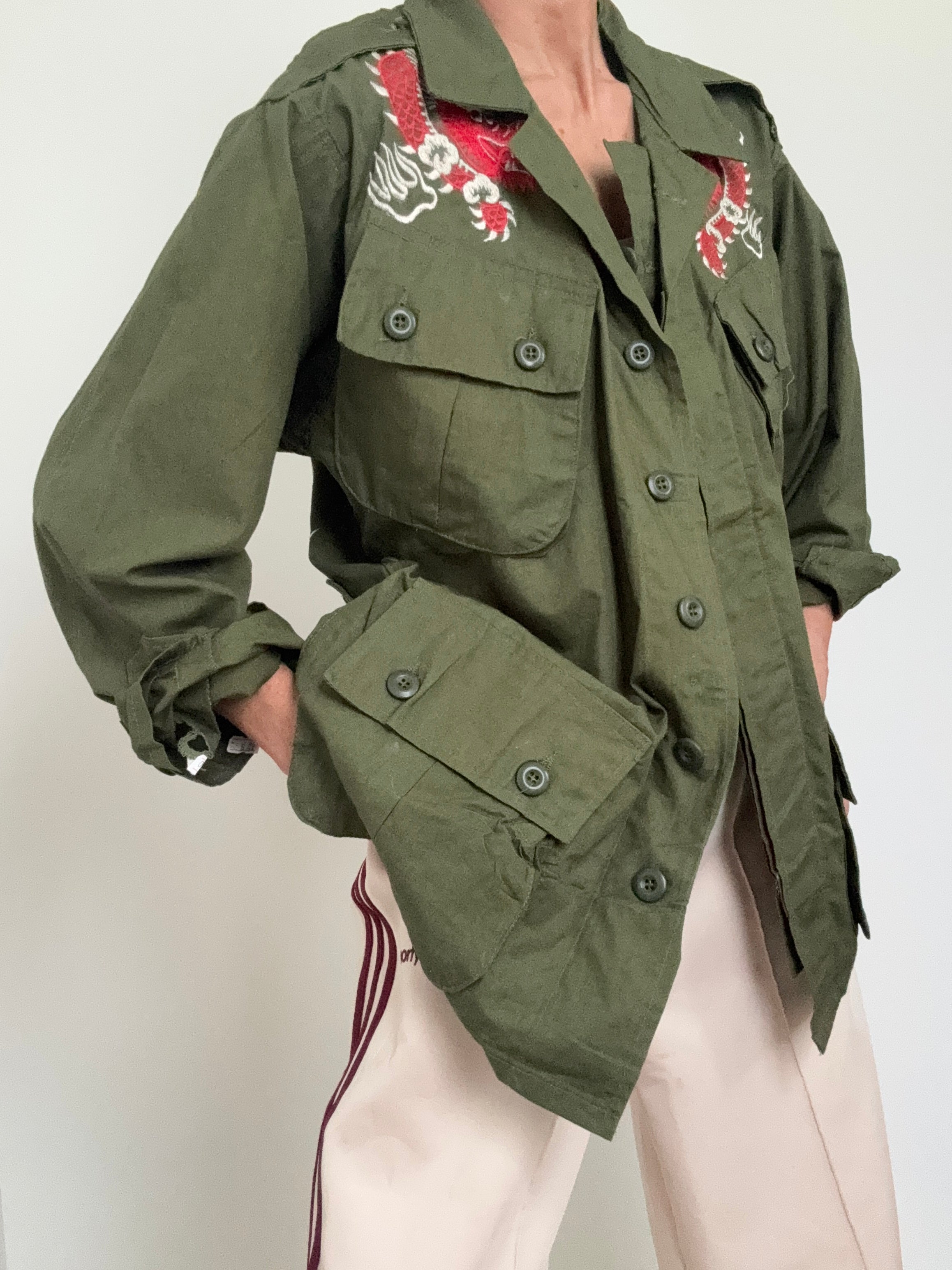 Future Nomads Shirts Large Upcycled Army Jacket Dragon Japan