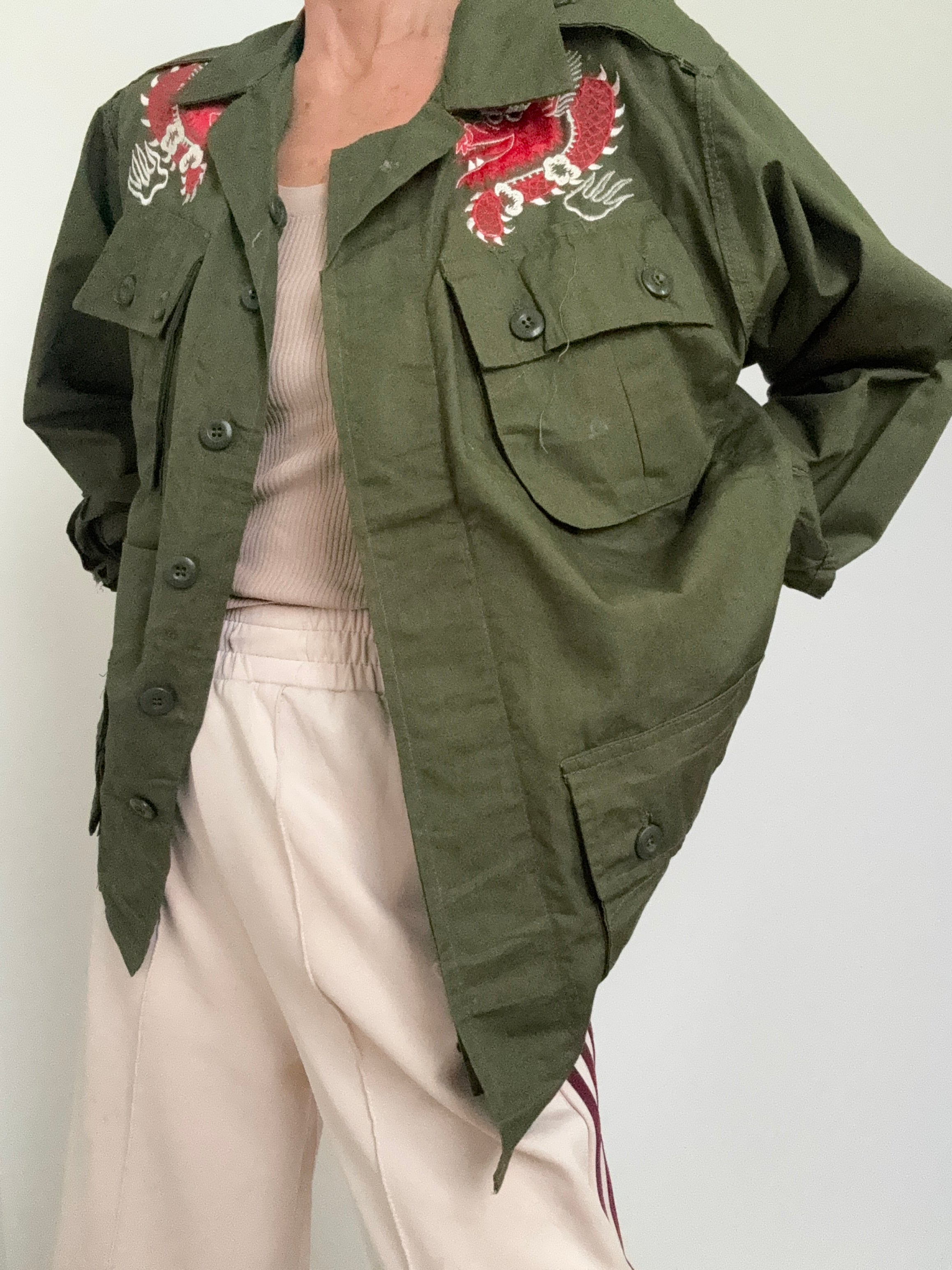 Future Nomads Shirts Large Upcycled Army Jacket Dragon Japan