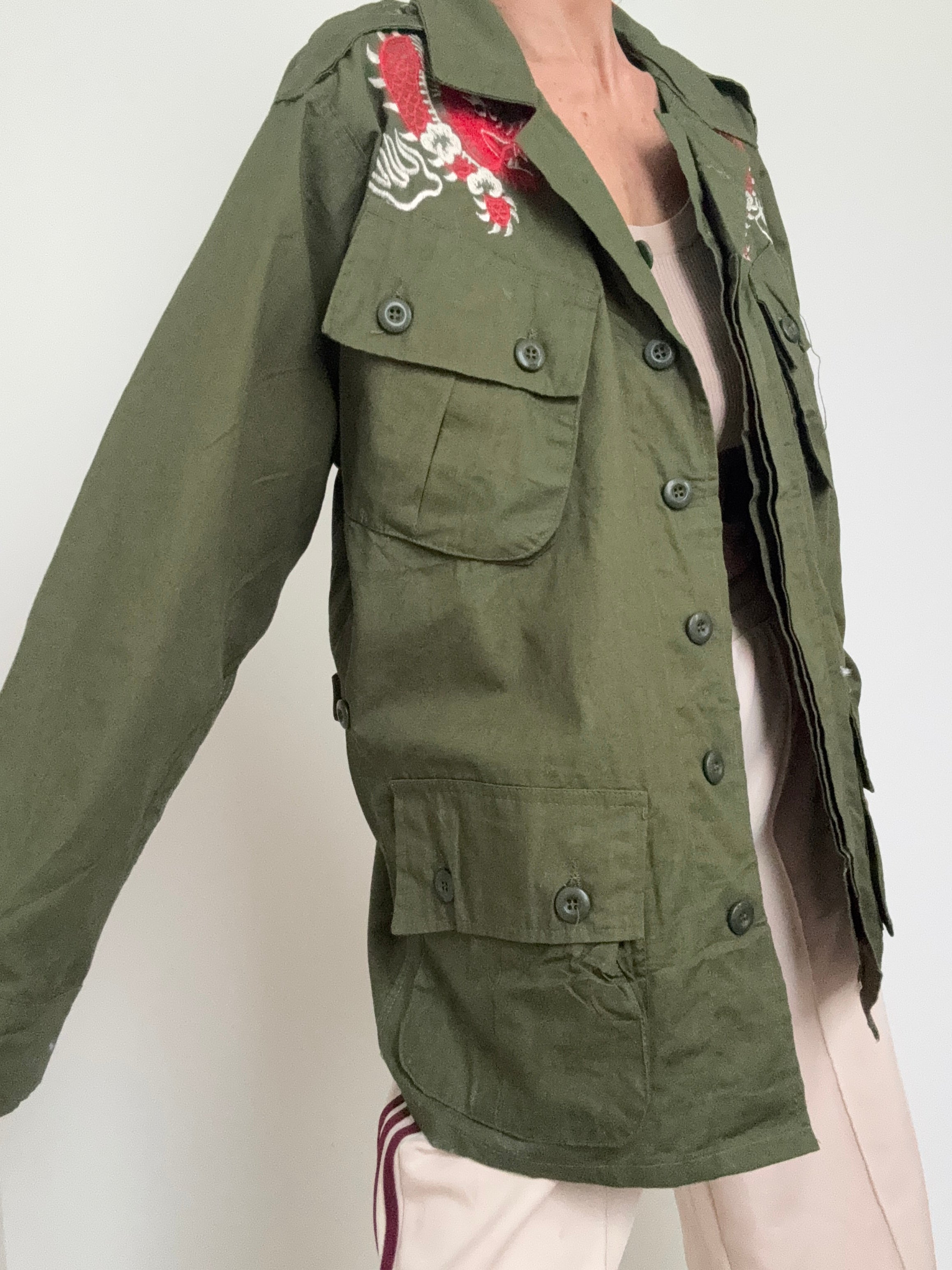 Future Nomads Shirts Large Upcycled Army Jacket Dragon Japan