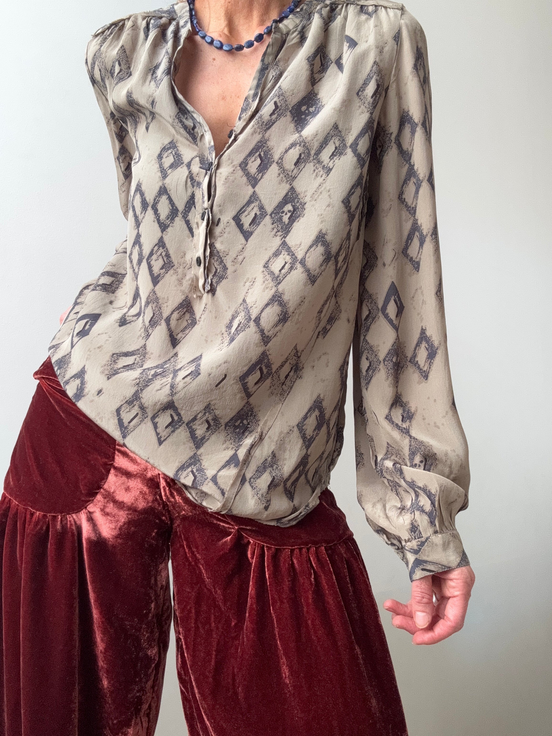 Future Nomads Shirts Medium Clay Silk Diamonds Blouse