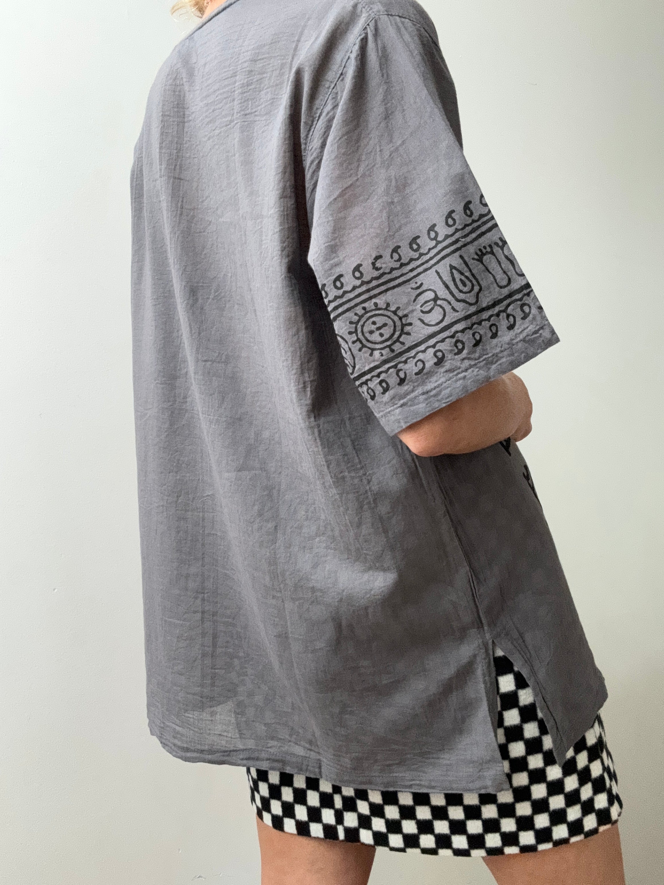 Future Nomads Tops Block Print Ganesh Short Sleeve Top - Grey