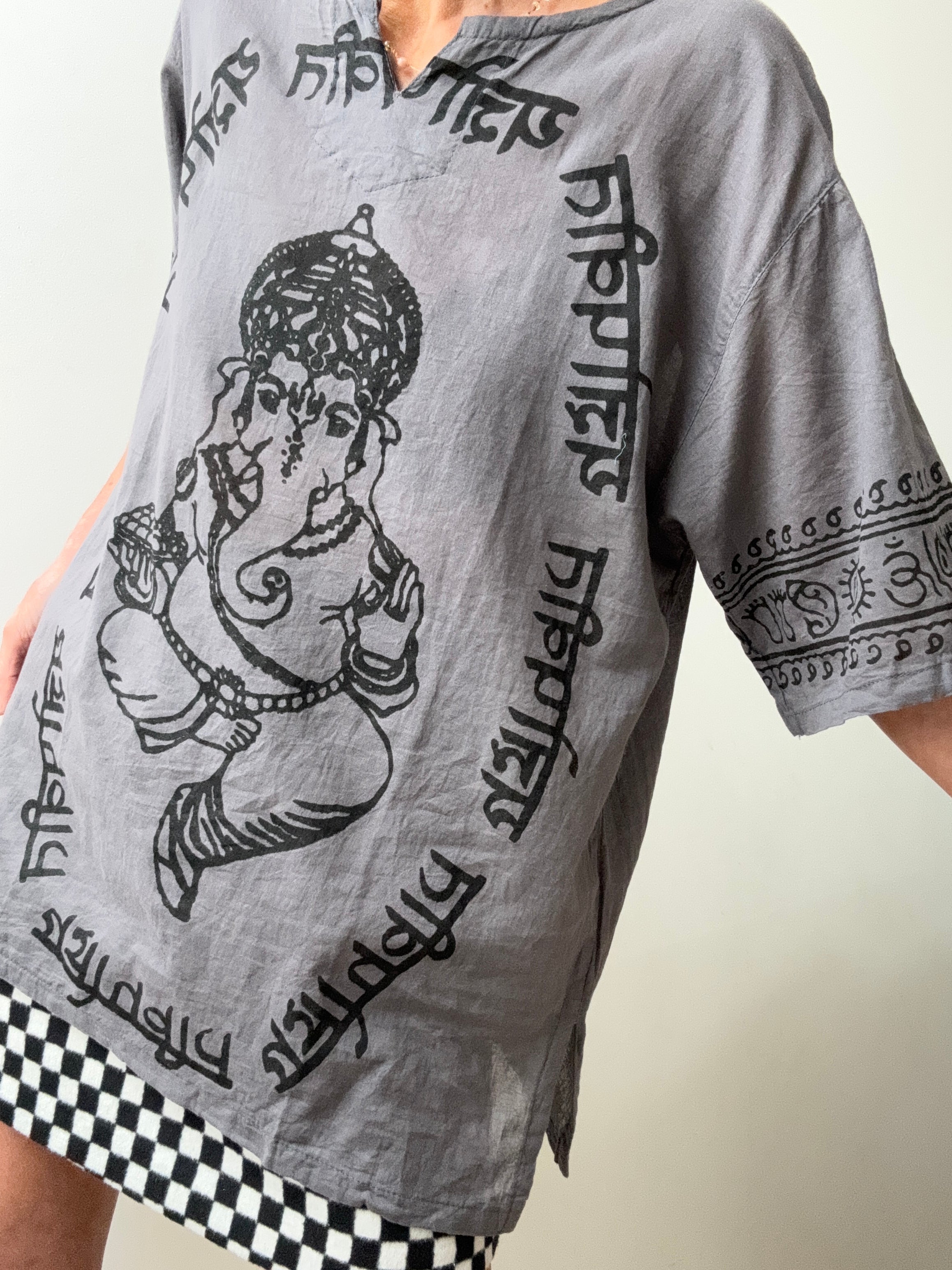 Future Nomads Tops Block Print Ganesh Short Sleeve Top - Grey