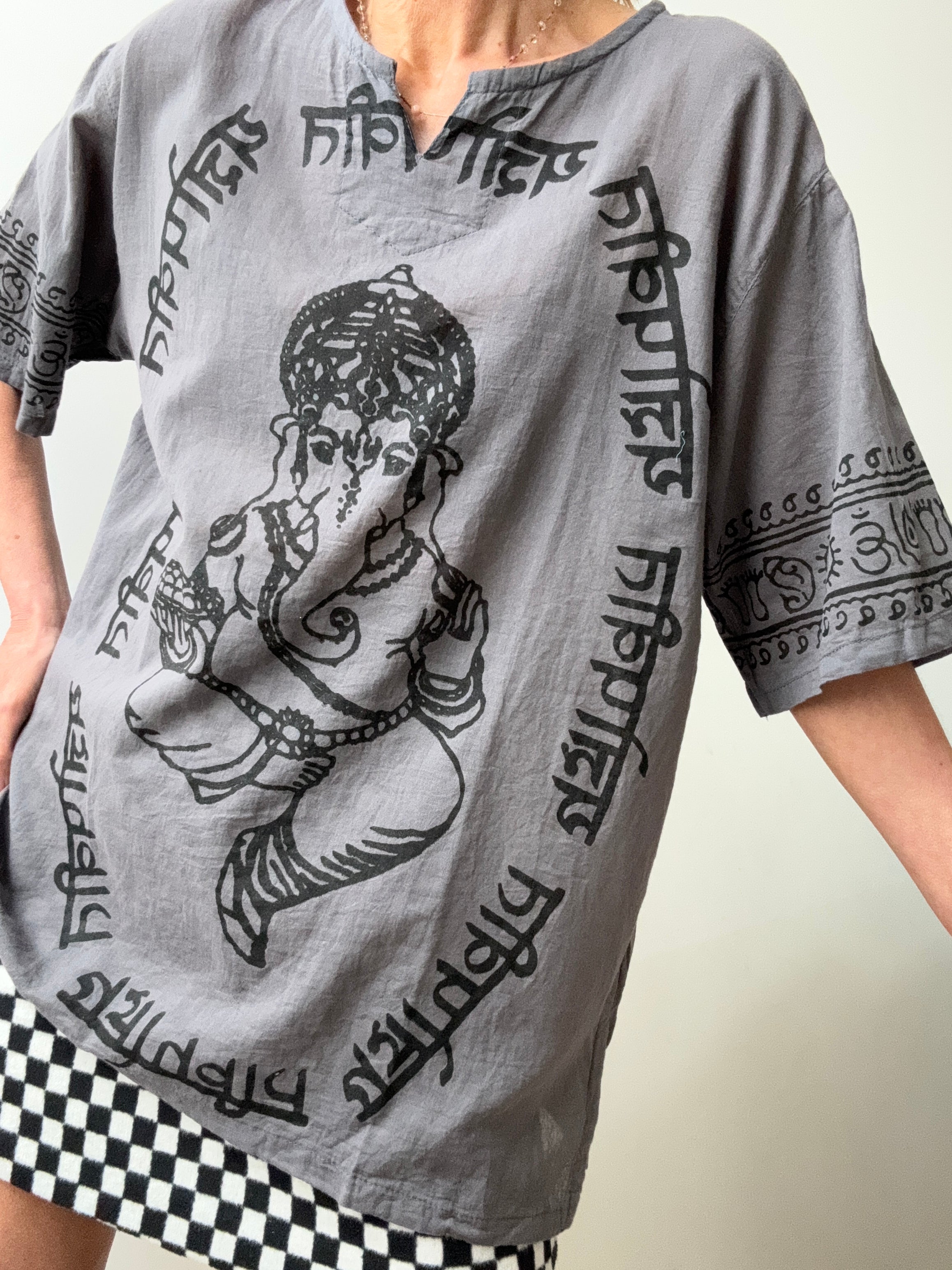 Future Nomads Tops Block Print Ganesh Short Sleeve Top - Grey