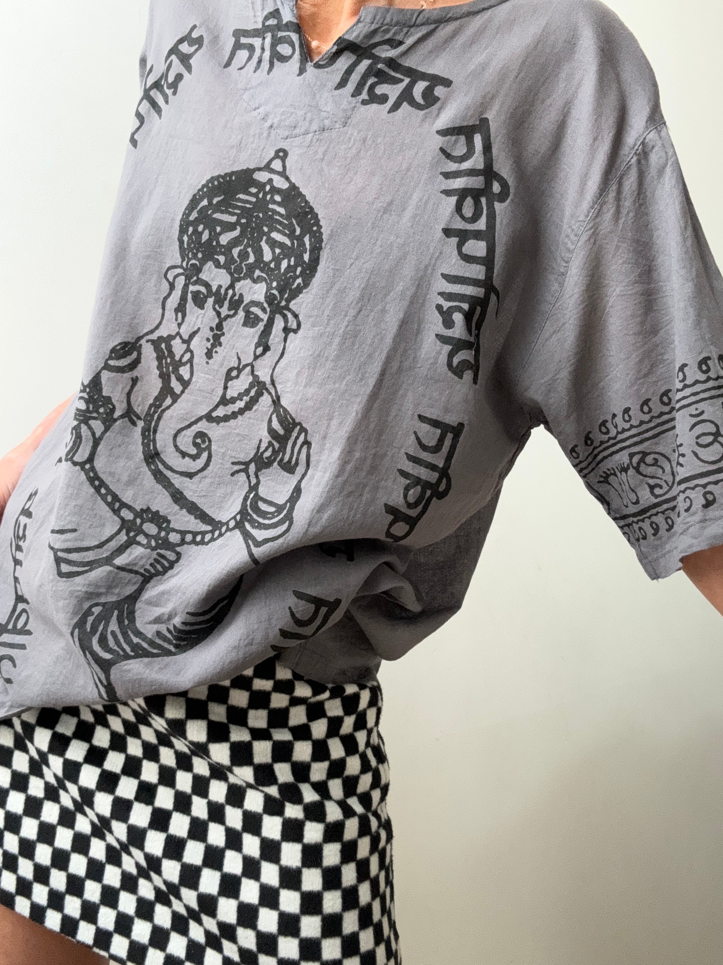 Future Nomads Tops Block Print Ganesh Short Sleeve Top - Grey