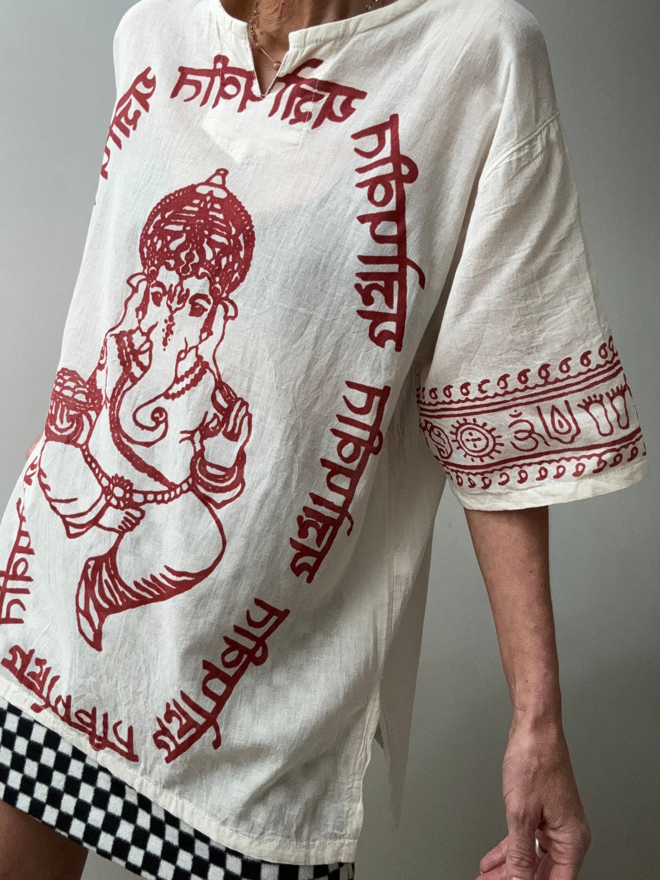 Future Nomads Tops Block Print Ganesh Short Sleeve Top - Natural