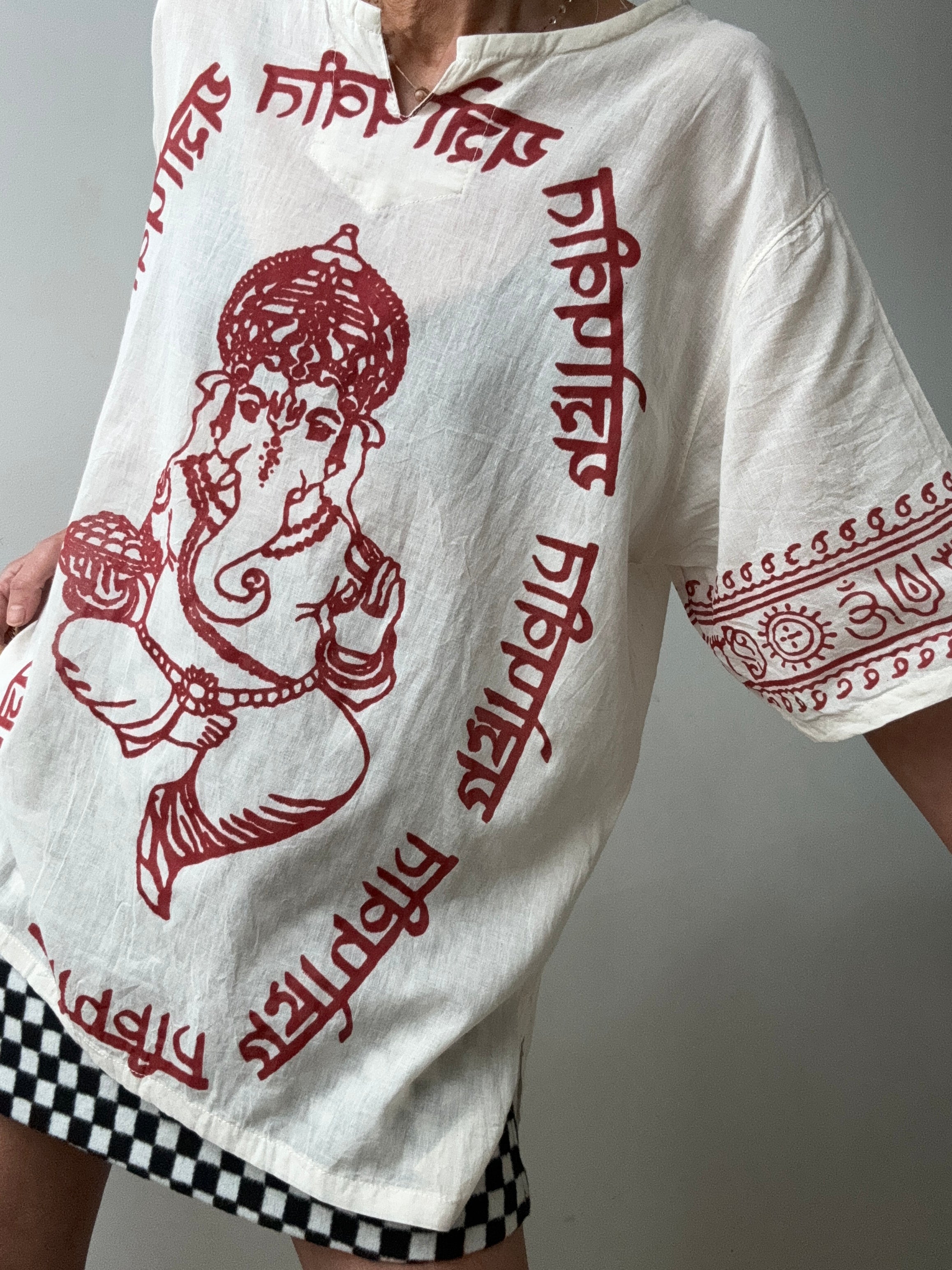 Future Nomads Tops Block Print Ganesh Short Sleeve Top - Natural
