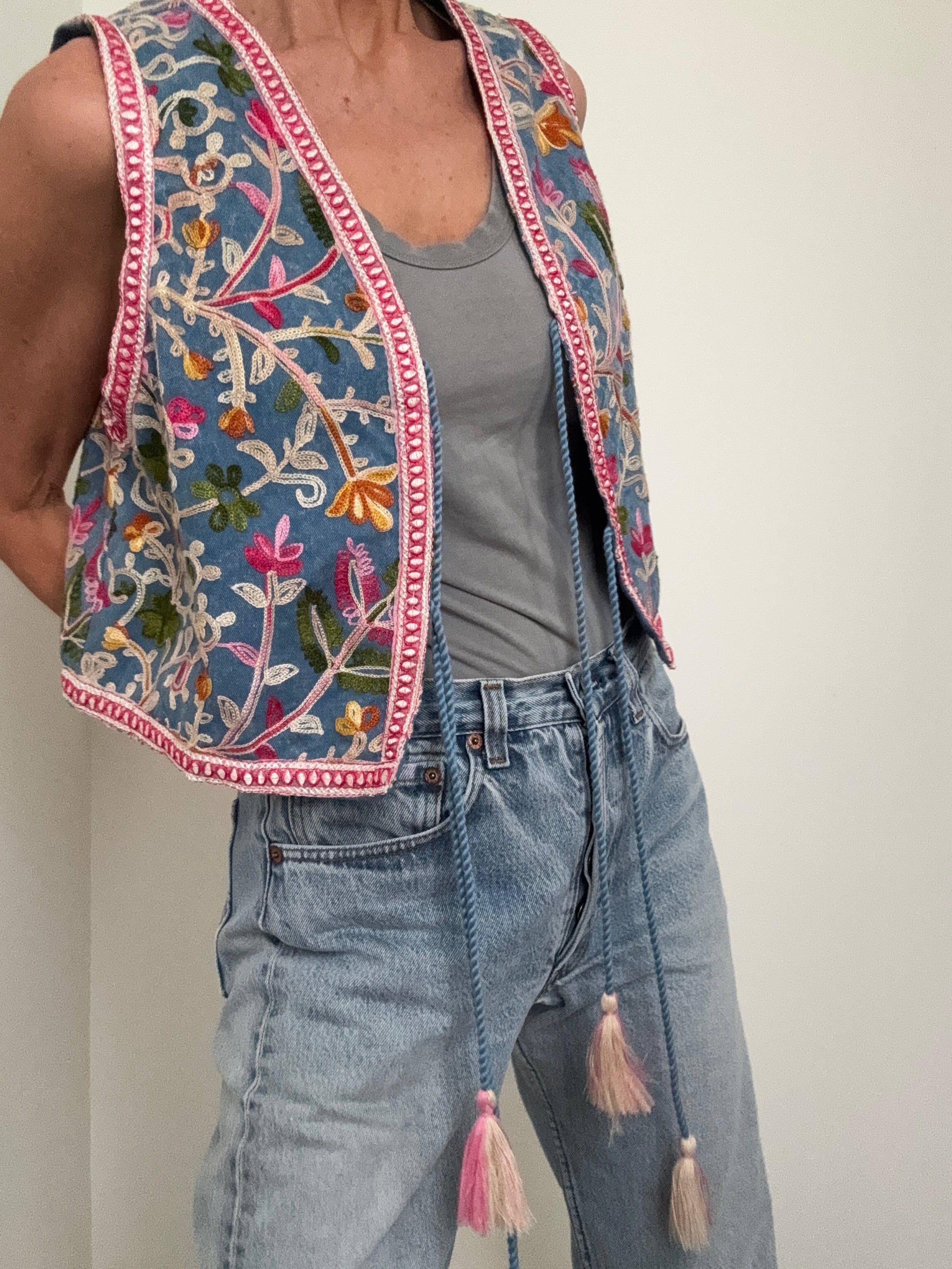 Future Nomads Vests Handmade Embroidered Denim Vest Floral