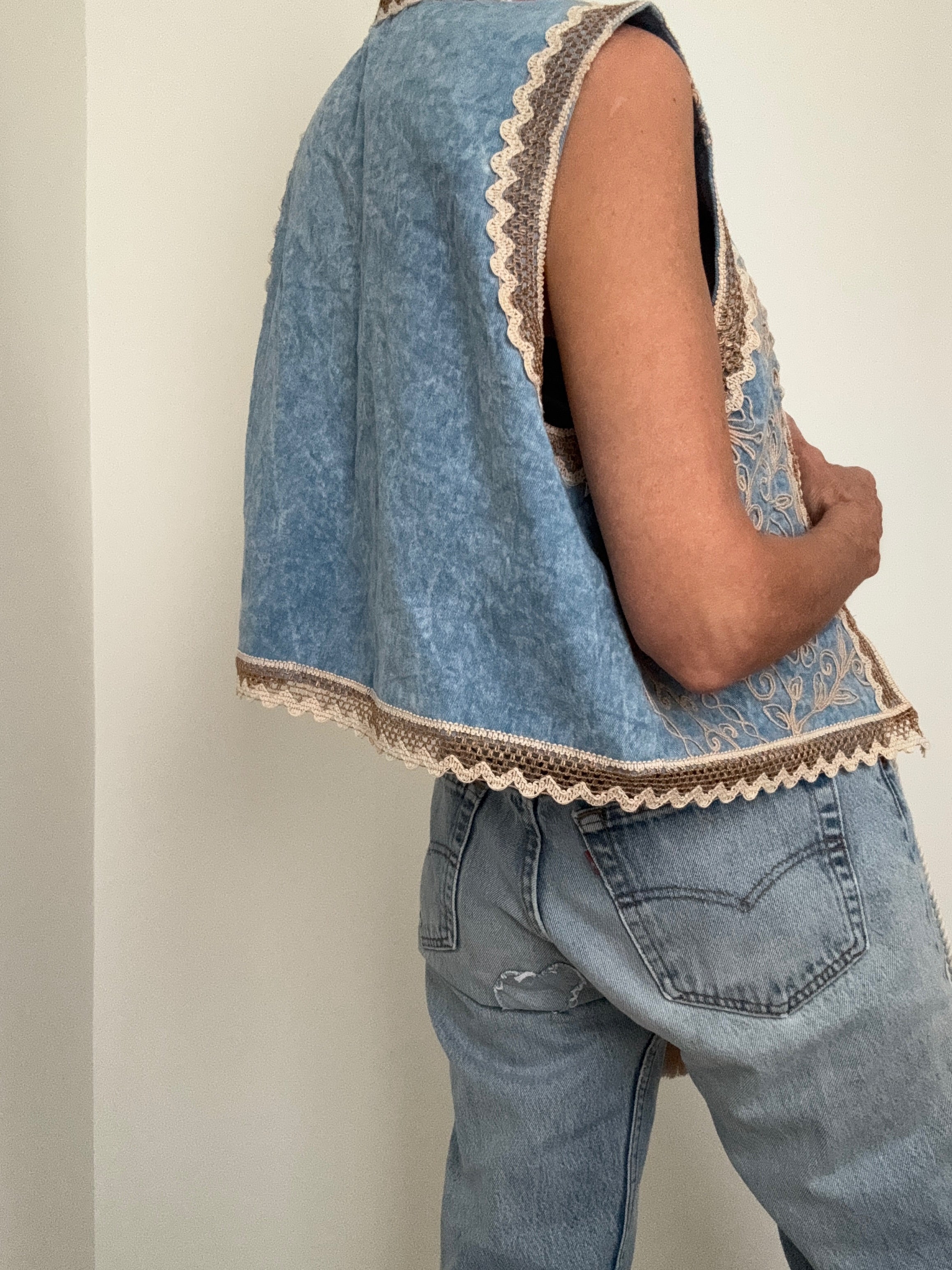 Future Nomads Vests Handmade Embroidered Denim Vest Tan