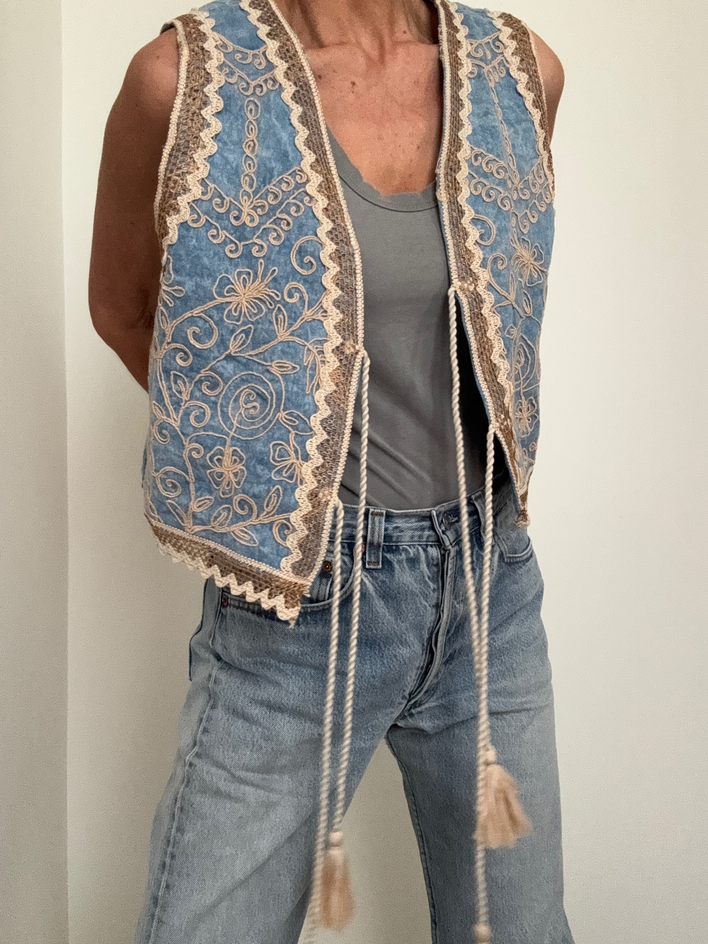 Future Nomads Vests Handmade Embroidered Denim Vest Tan