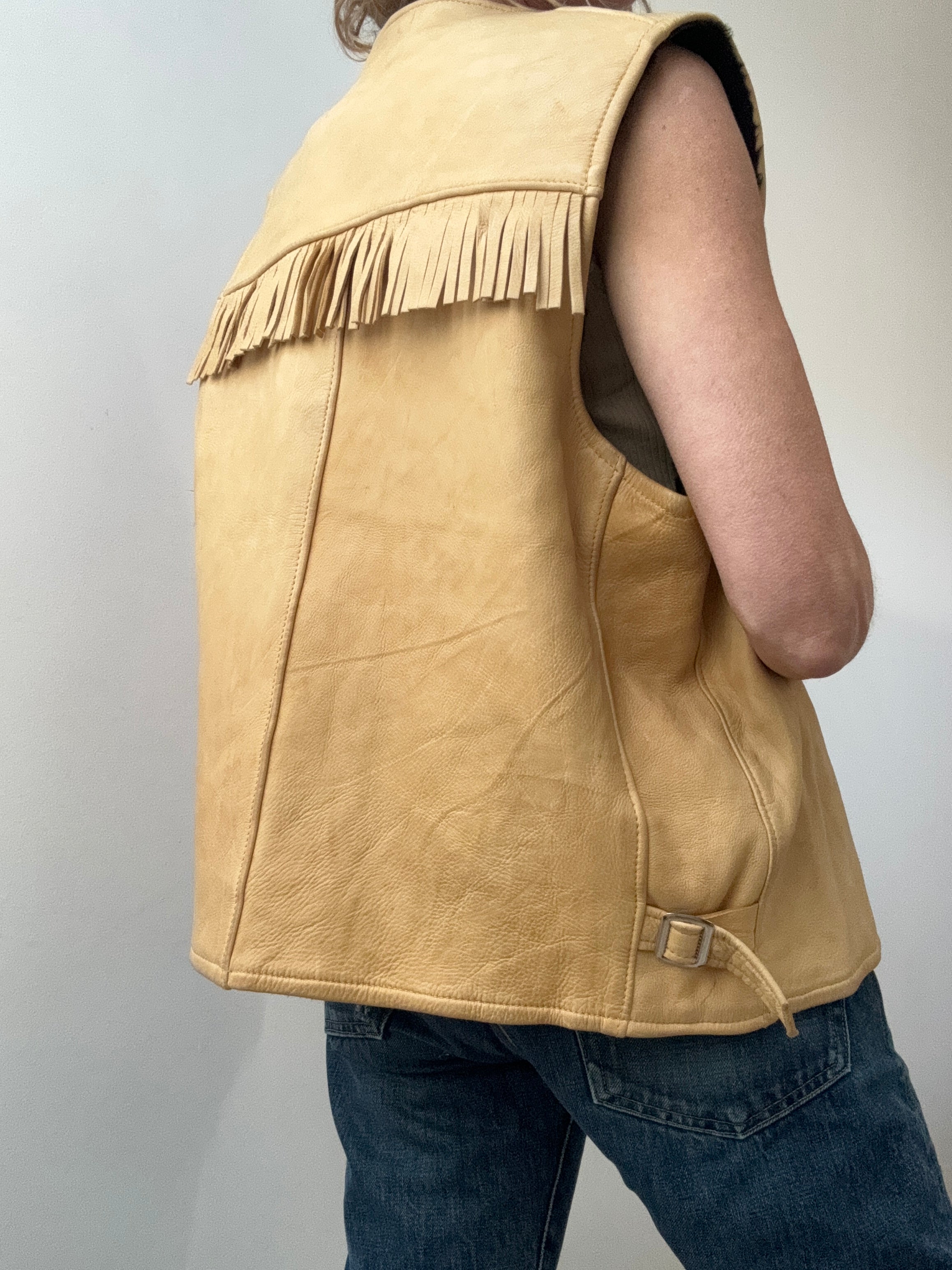 Future Nomads Vests Large Vintage Camel Shearling Leather Vest