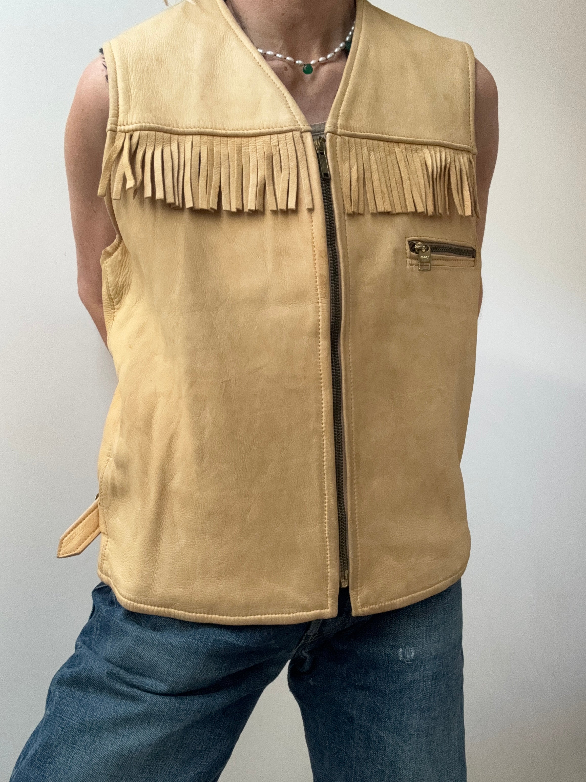 Future Nomads Vests Large Vintage Camel Shearling Leather Vest