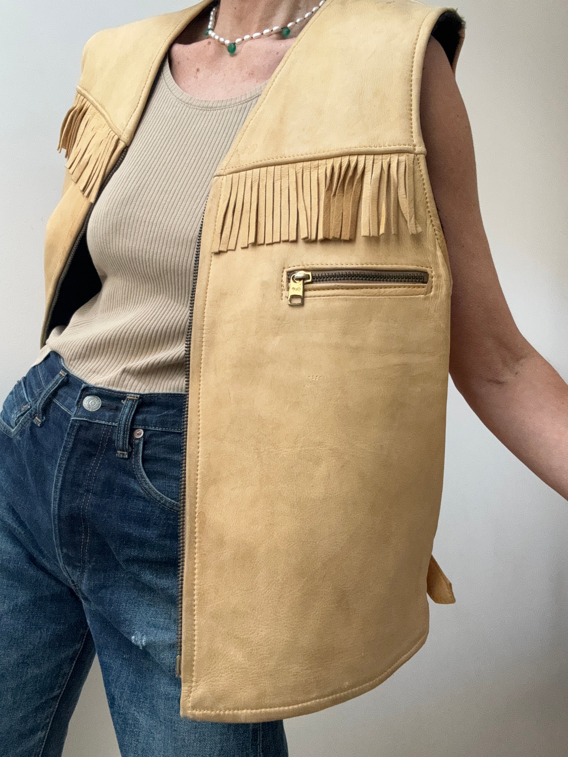 Future Nomads Vests Large Vintage Camel Shearling Leather Vest