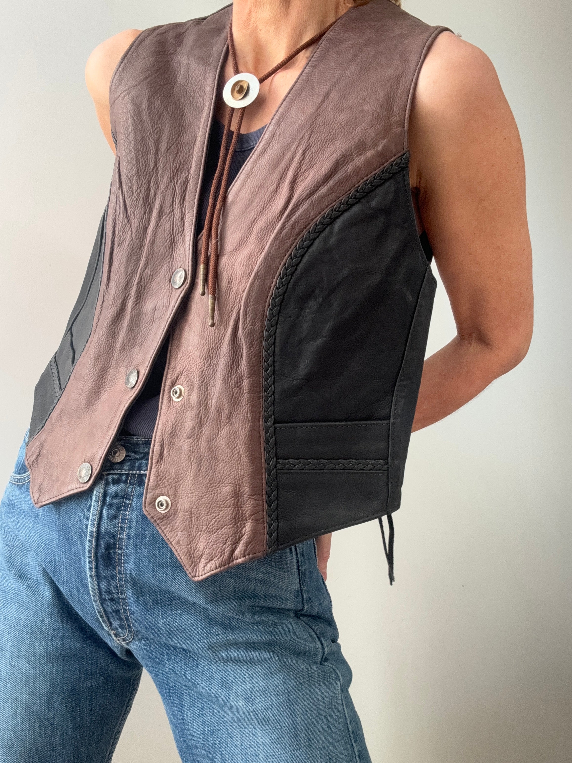 Future Nomads Vests Large Vintage Chocolate and Black Leather Vest