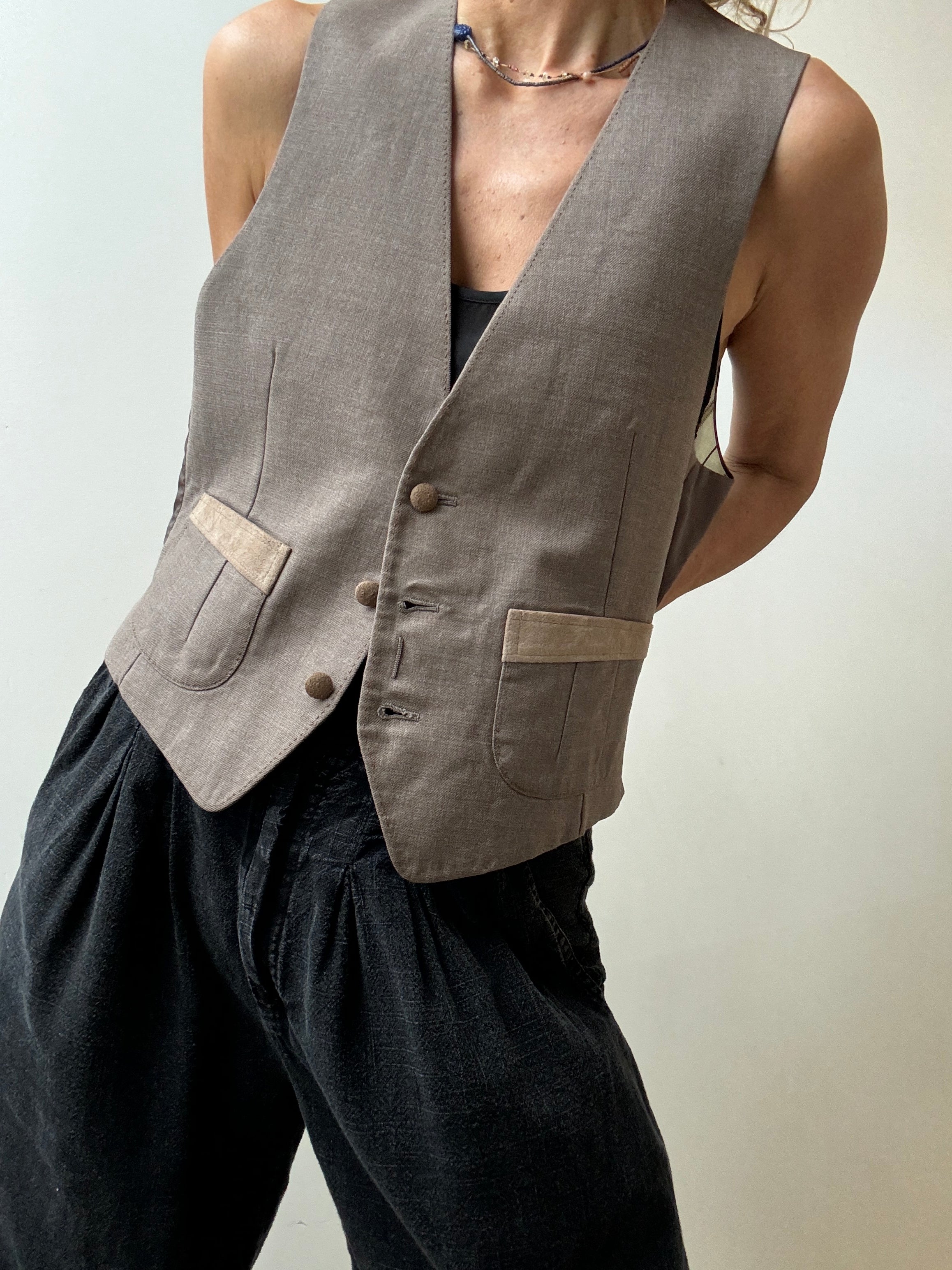 Future Nomads Vests Medium-Large Vintage Suit Vest with Suede