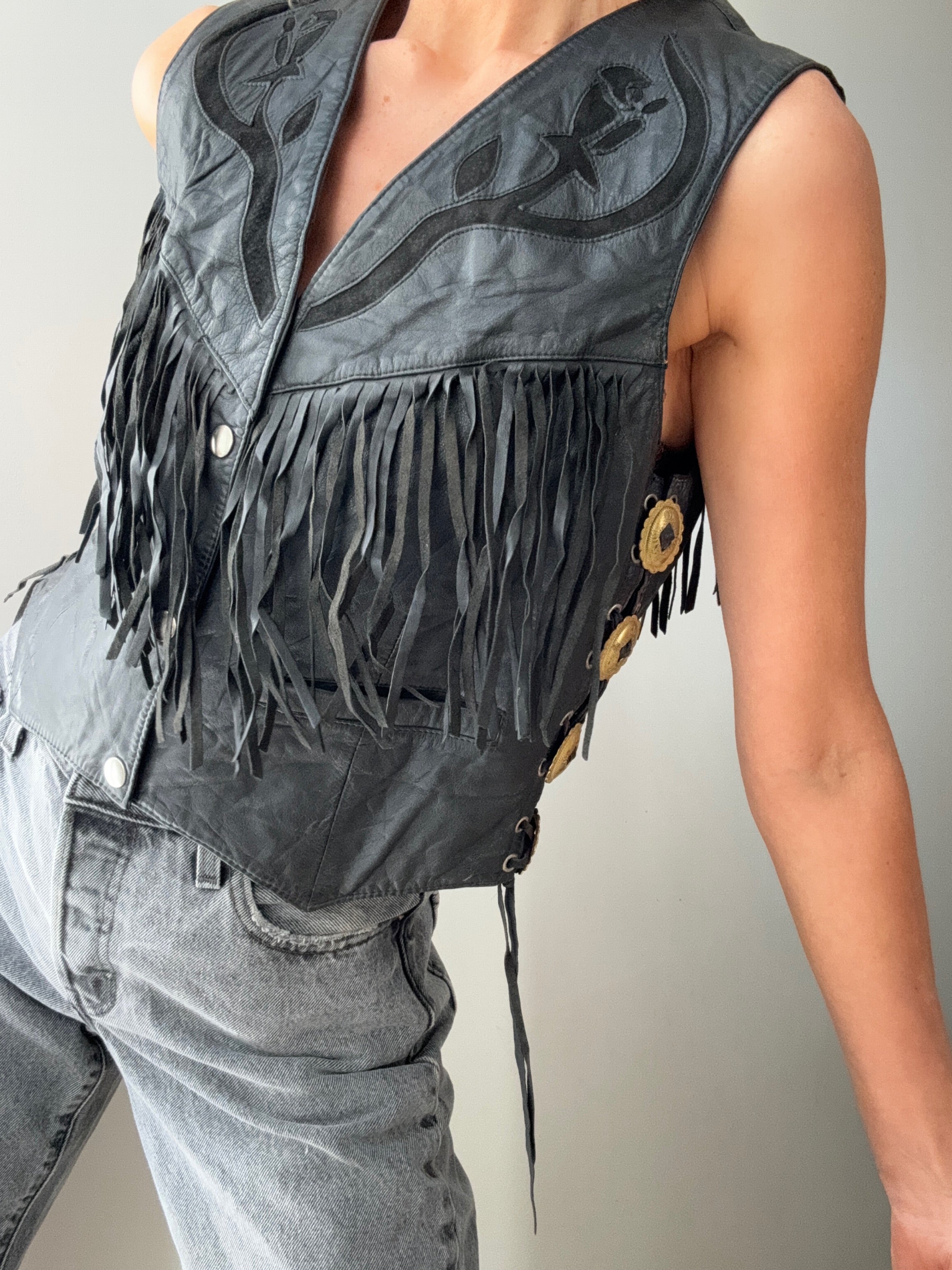 Future Nomads Vests Medium Vintage Tassel Embroidered Leather Vest
