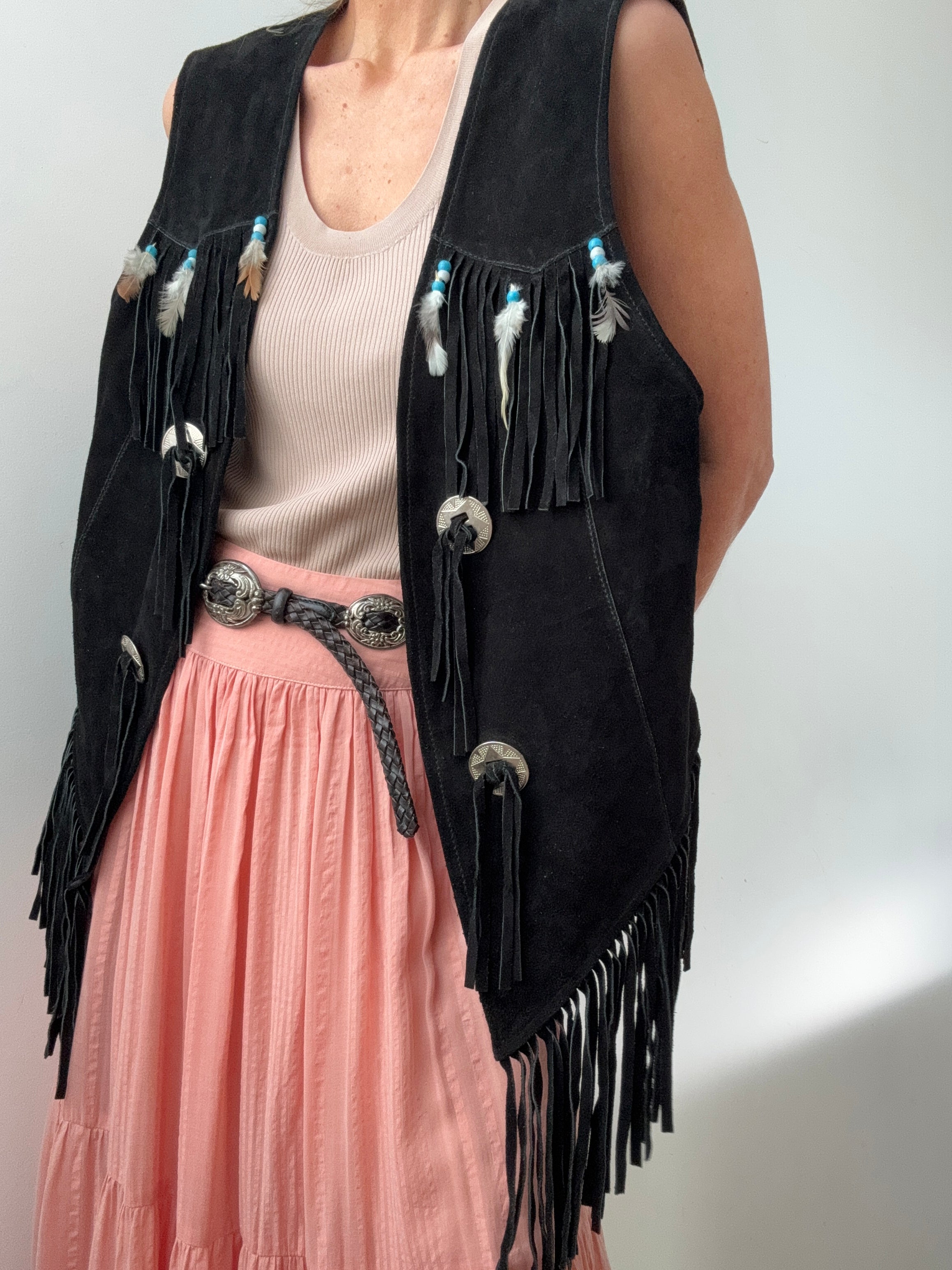 Future Nomads Vests XLarge Vintage Feather and Tassel Suede Leather Vest