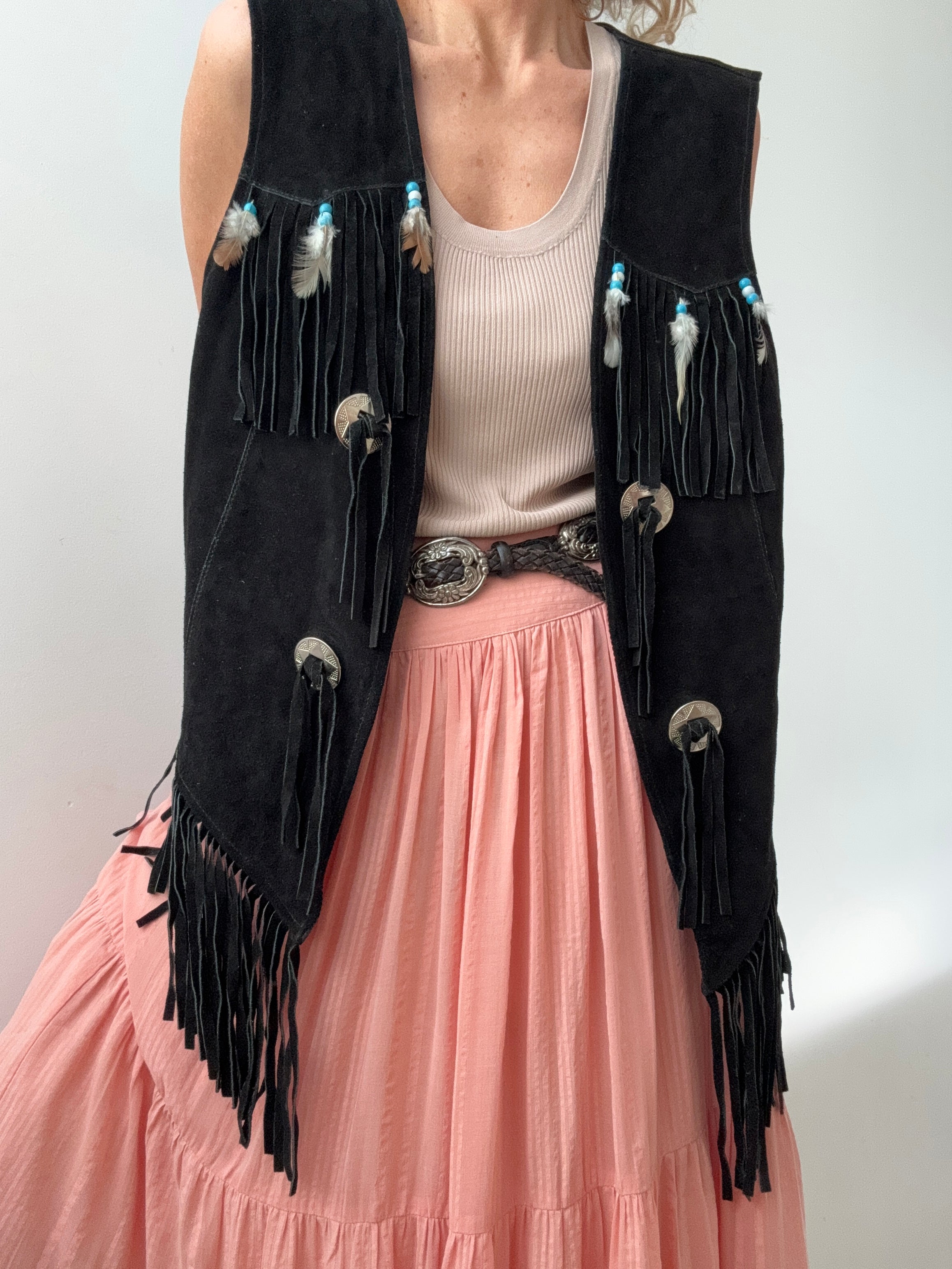 Future Nomads Vests XLarge Vintage Feather and Tassel Suede Leather Vest