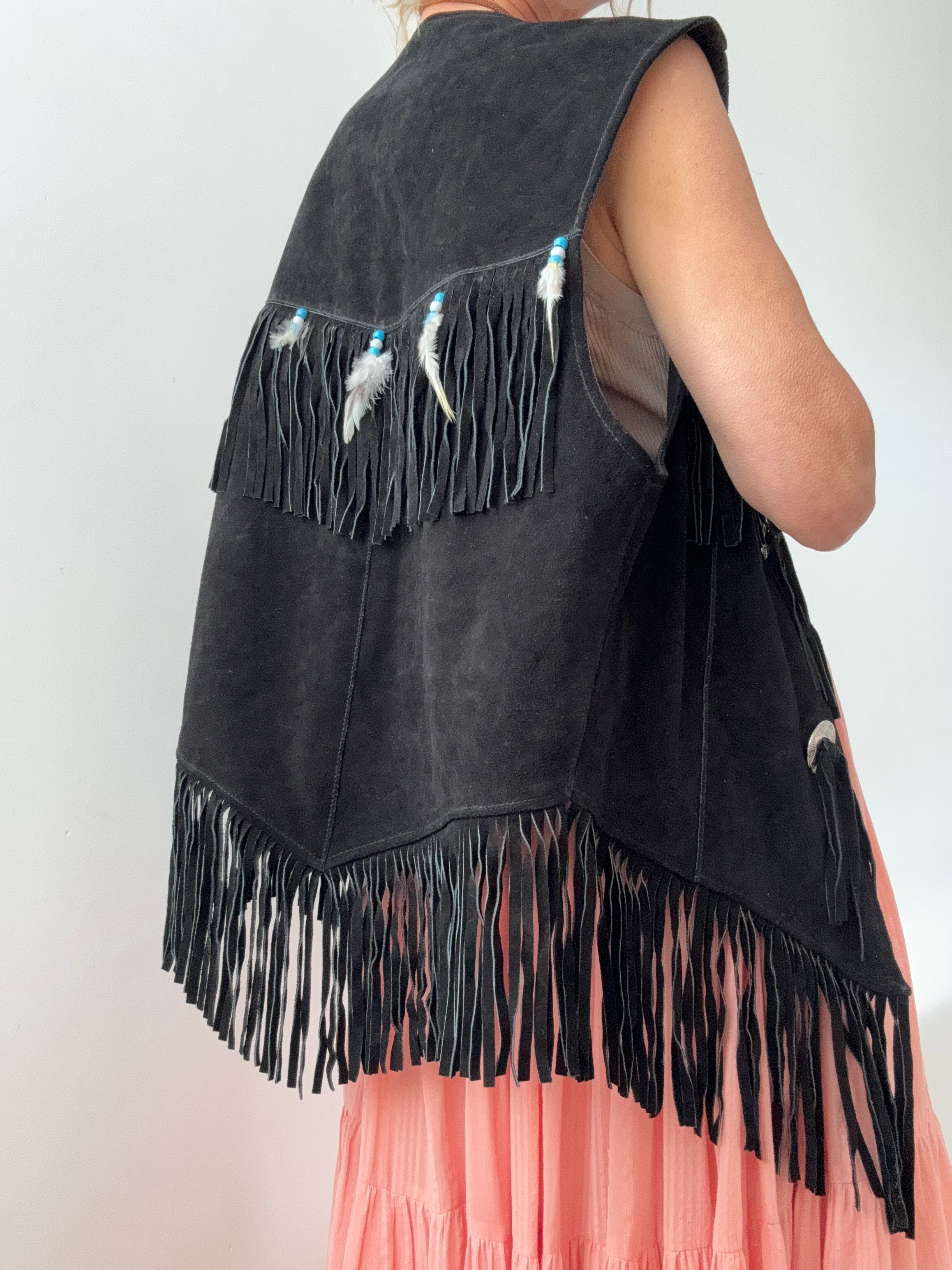 Future Nomads Vests XLarge Vintage Feather and Tassel Suede Leather Vest