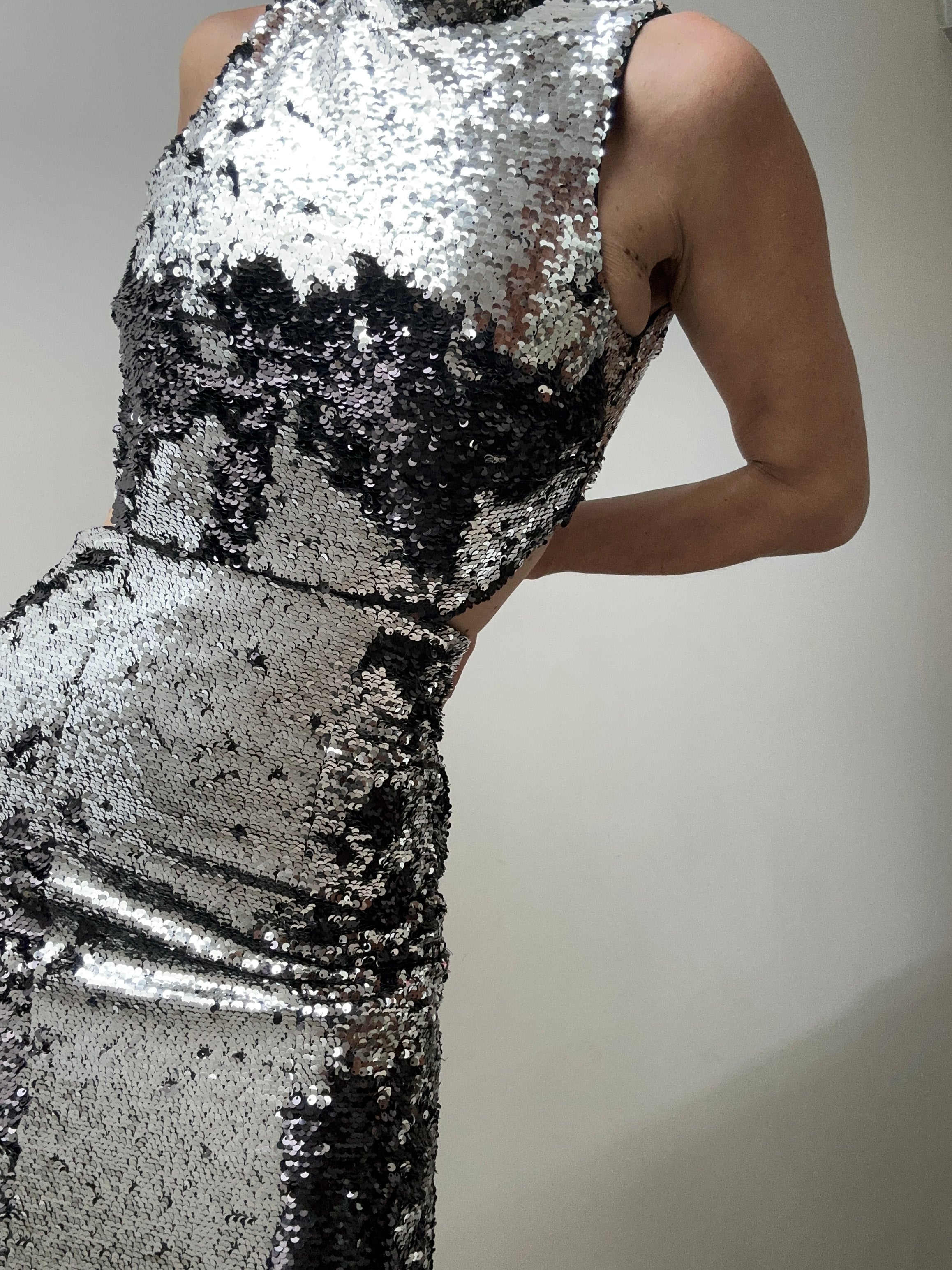 Ganni Dresses Ganni HIghneck Backless Sequin Dress Black & Silver