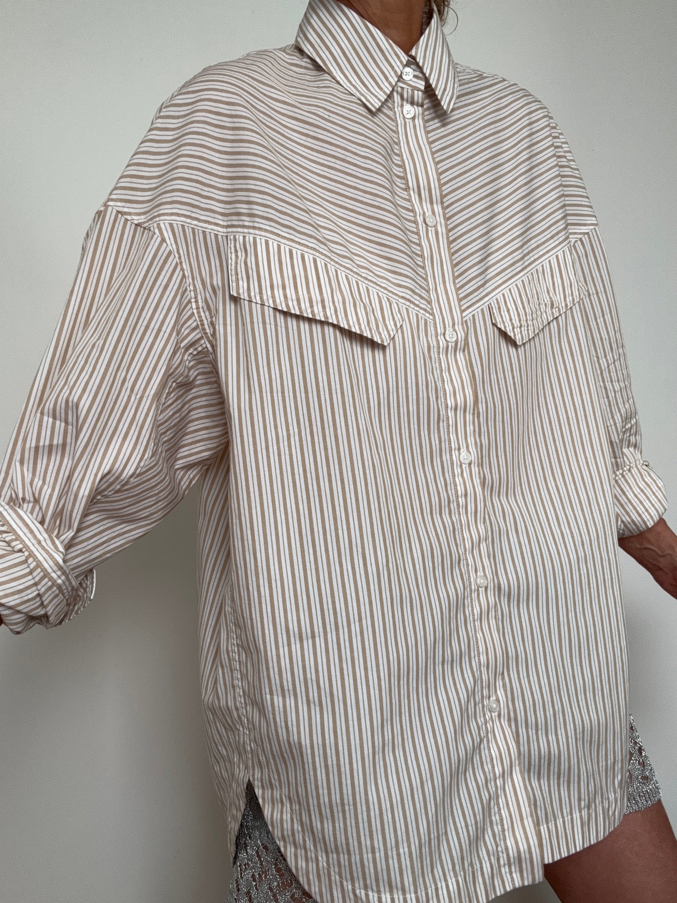 Oversize Fit Blouse In Stripe Biege | Tops