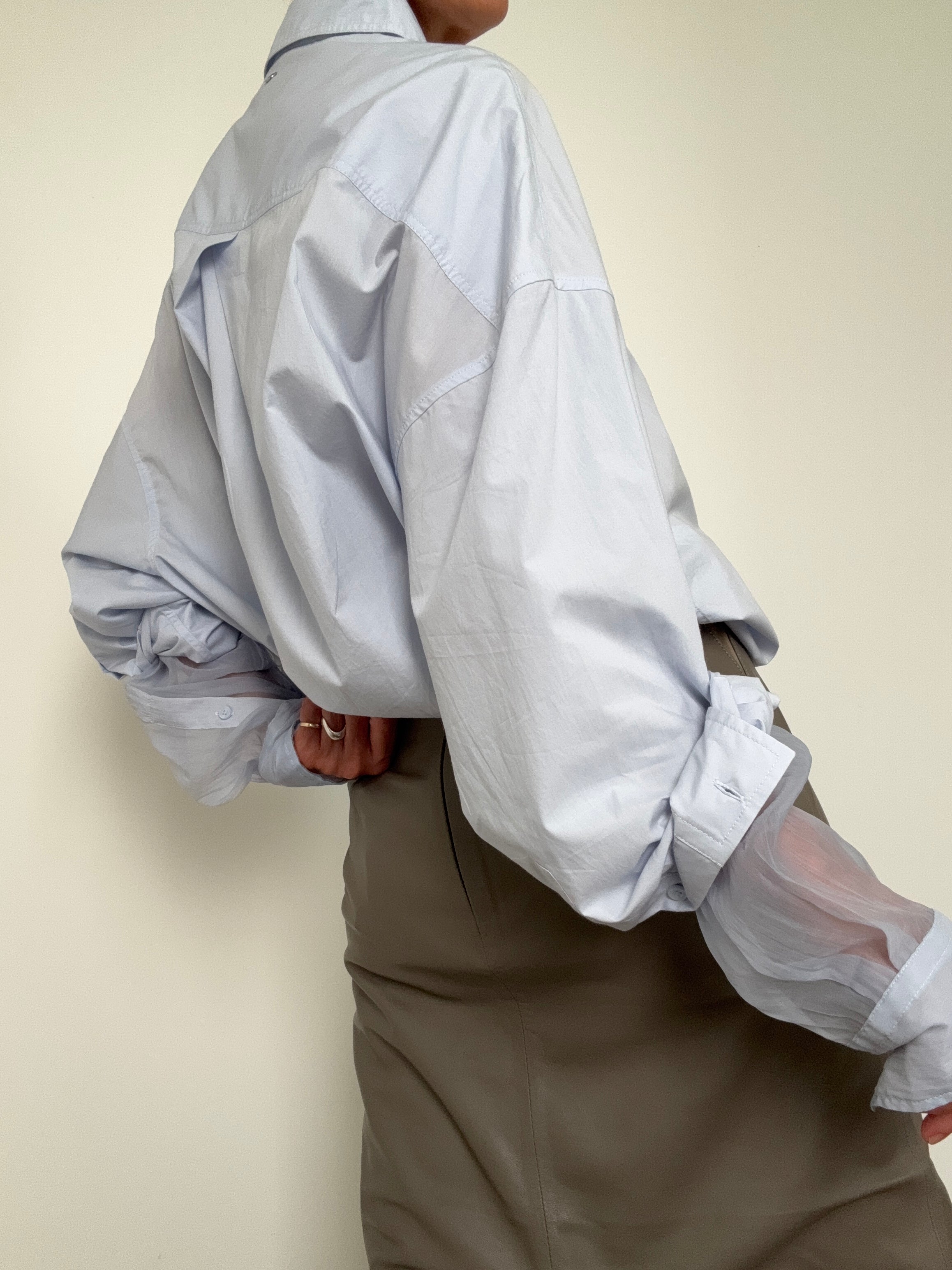 Oversized Fit Blouse In Cotton Poplin And Organza Blue | Tops