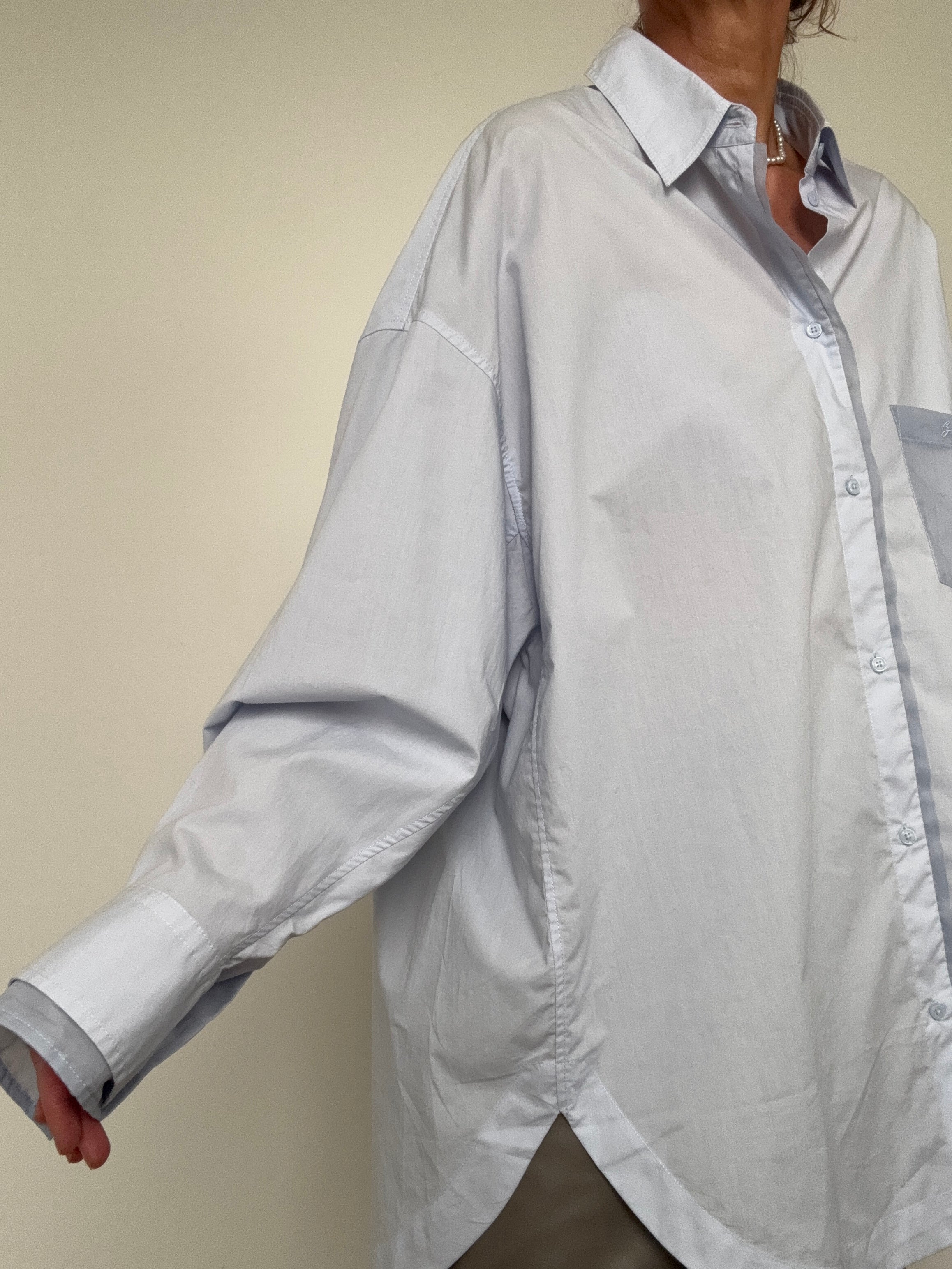 Oversized Fit Blouse In Cotton Poplin And Organza Blue | Tops