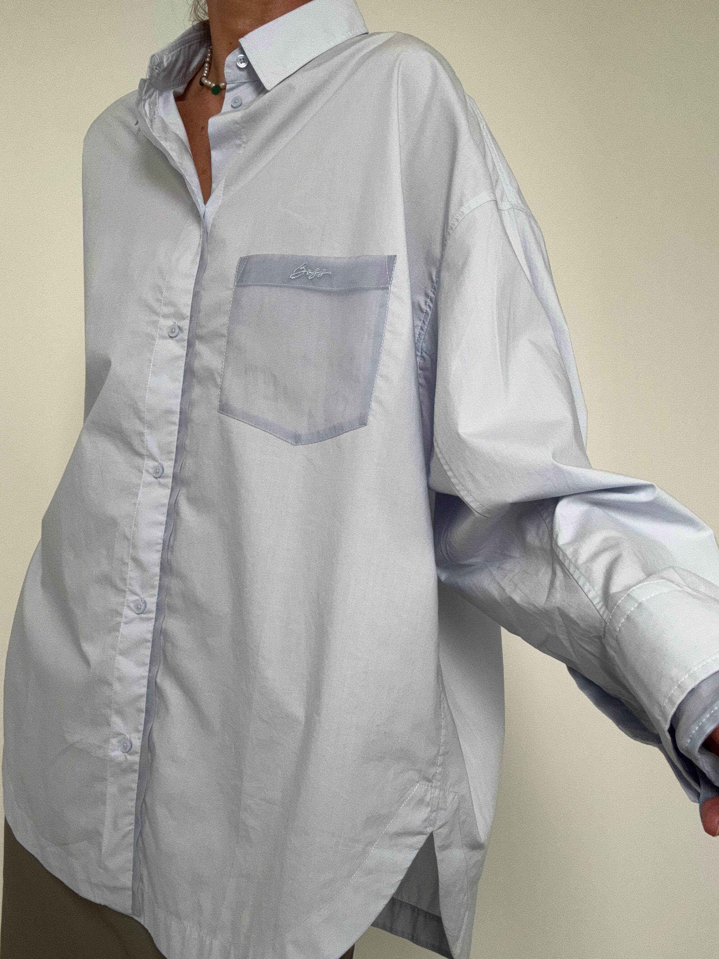 Oversized Fit Blouse In Cotton Poplin And Organza Blue | Tops