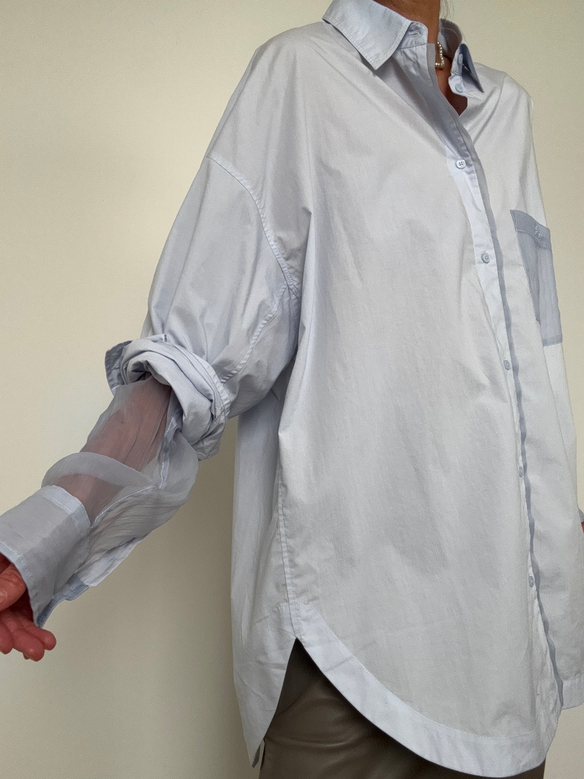 Oversized Fit Blouse In Cotton Poplin And Organza Blue | Tops