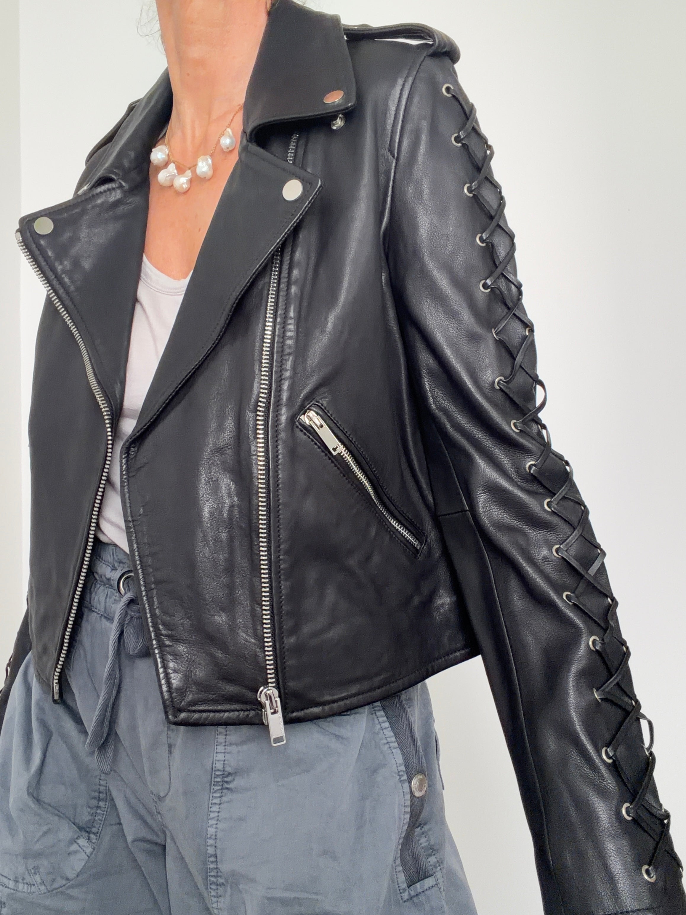 IKKS Jackets Small Lace Up Leather Biker Jacket