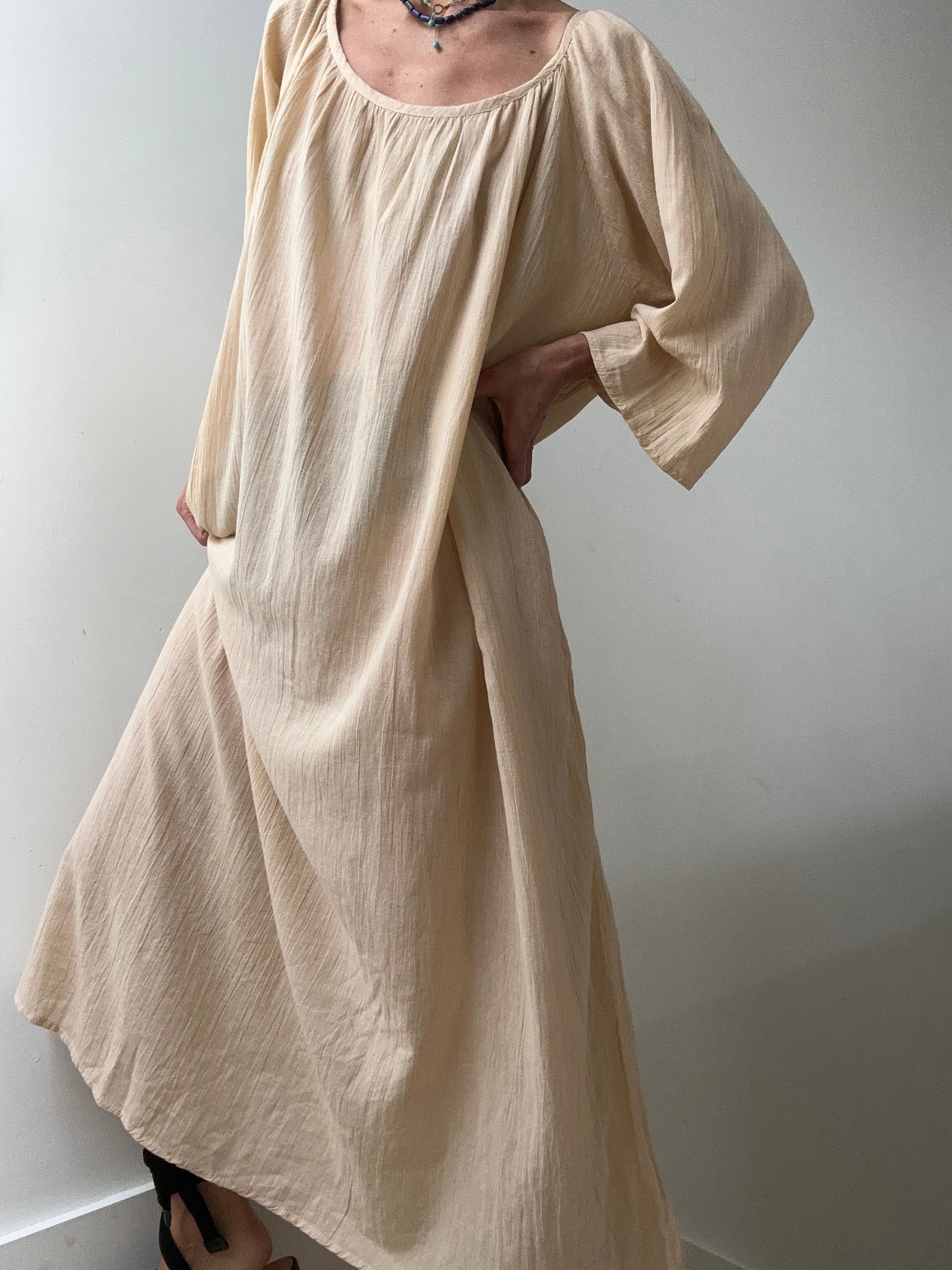 Jetsetbohemian Dresses One Size Round Neck Cotton Dress in Biege