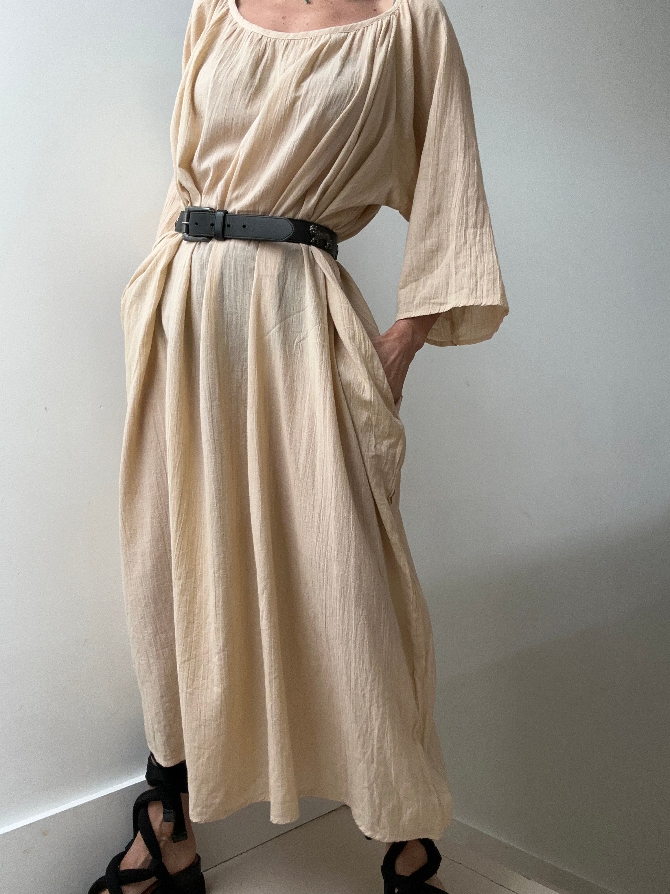 Jetsetbohemian Dresses One Size Round Neck Cotton Dress in Biege