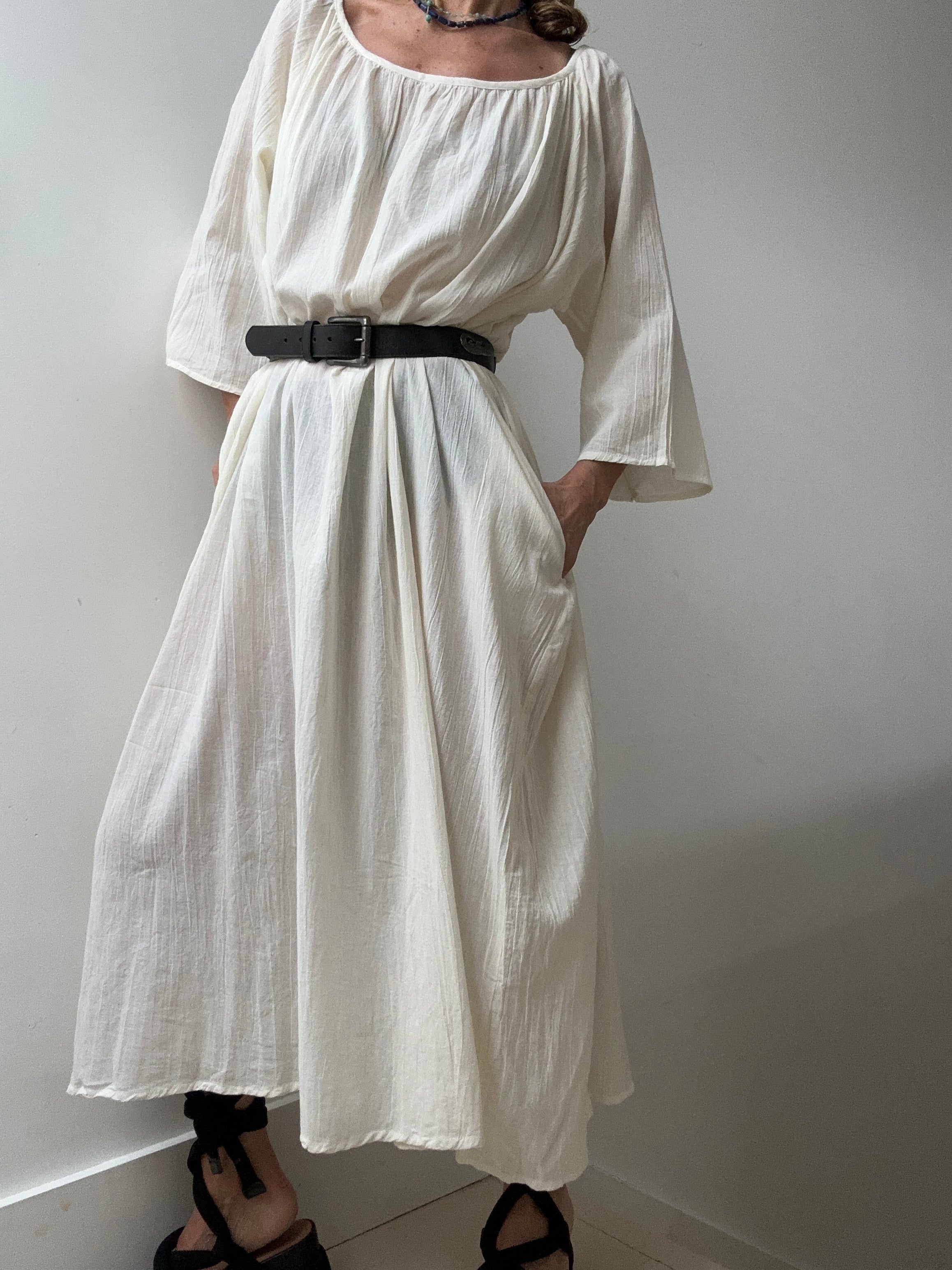 Round Neck Cotton Dress in Natural | Dresses