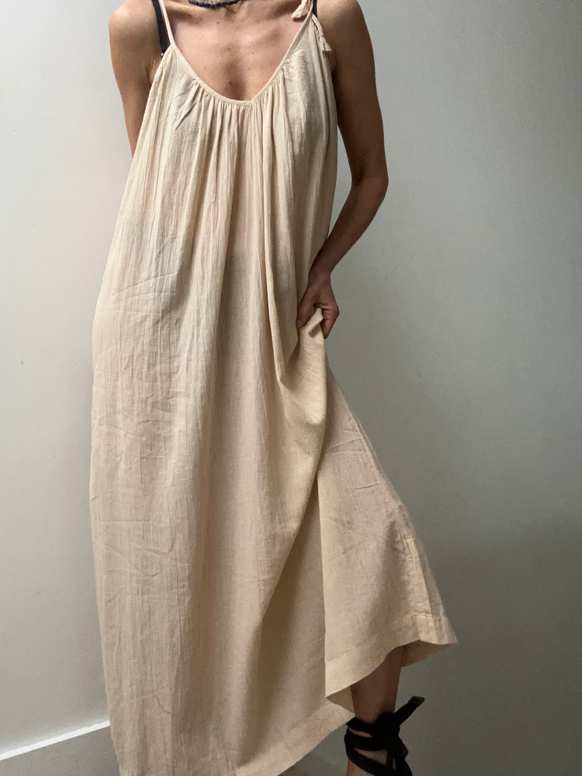Jetsetbohemian Dresses One Size Tie Strap Cotton Dress in Biege