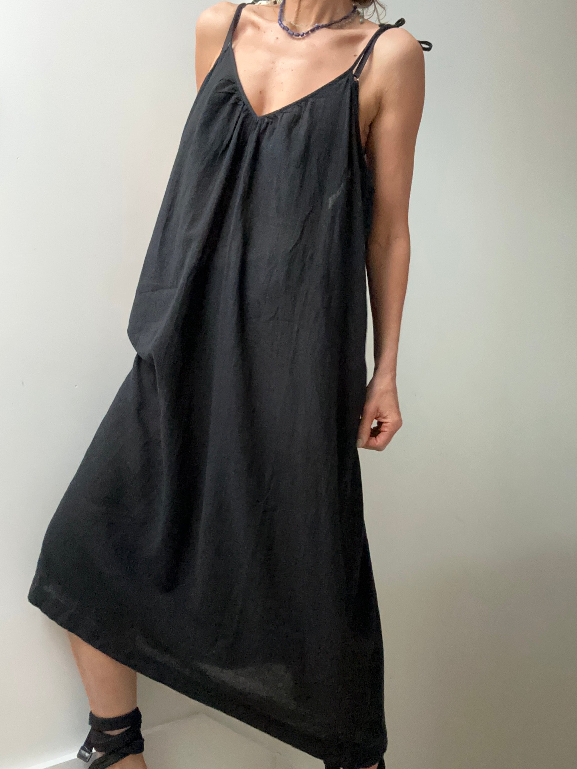 Jetsetbohemian Dresses One Size Tie Strap Cotton Dress in Black