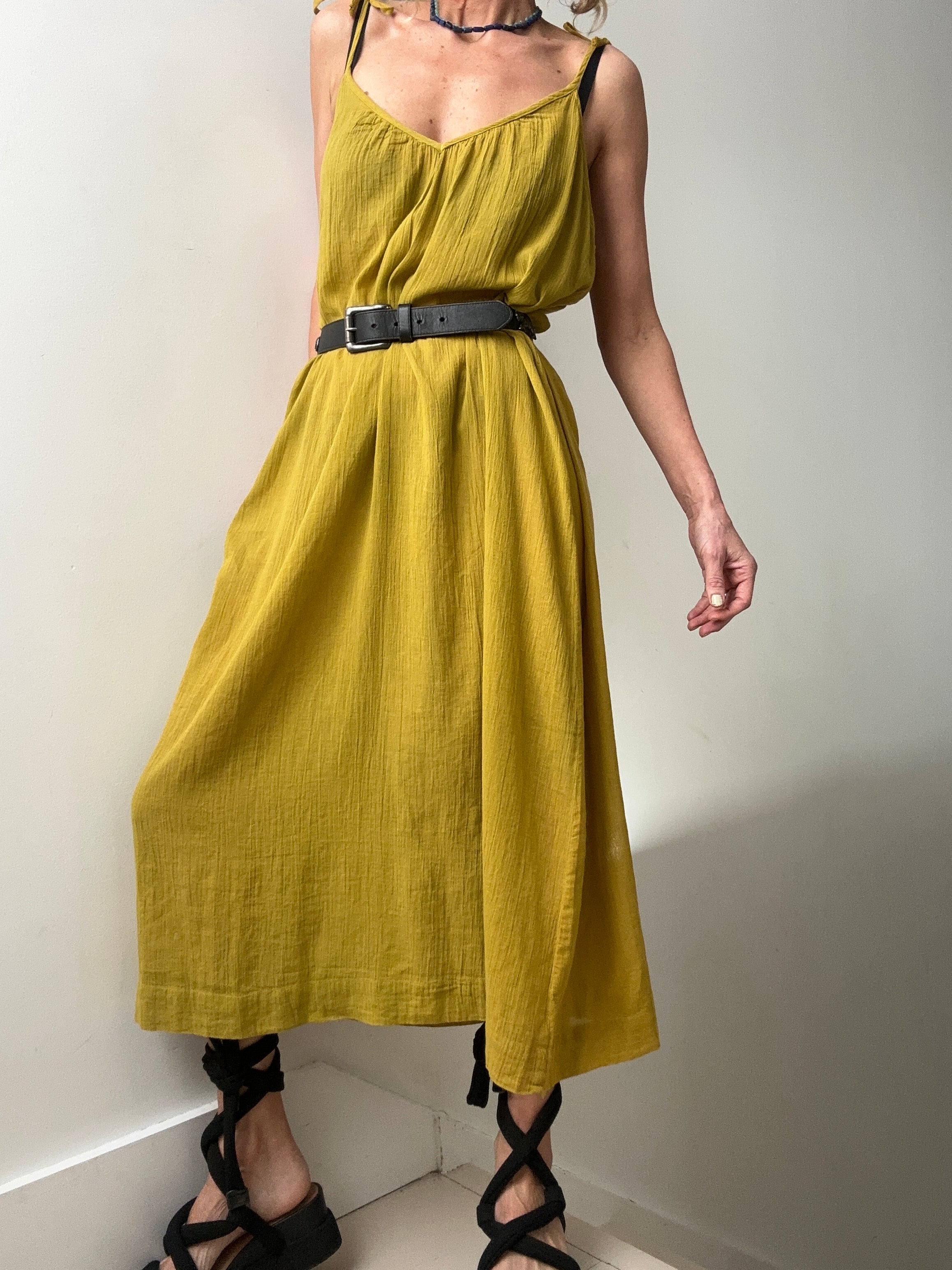 Jetsetbohemian Dresses One Size Tie Strap Cotton Dress in Mustard